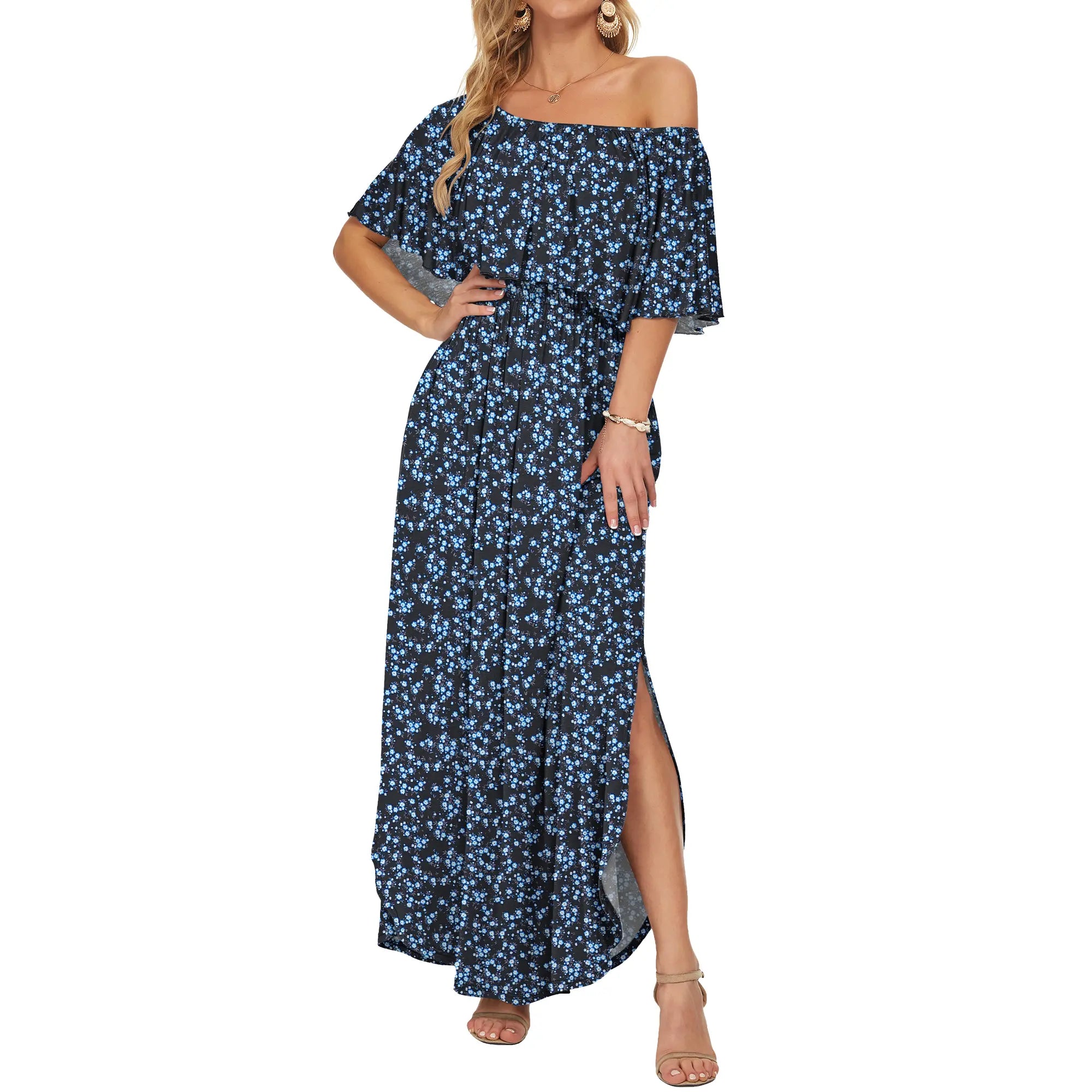 Women's Plus Size Off The Shoulder Dress Wedding Guest Dress Summer Casual Long Ruffle Party Side Split Beach Maxi Dresses with Pockets