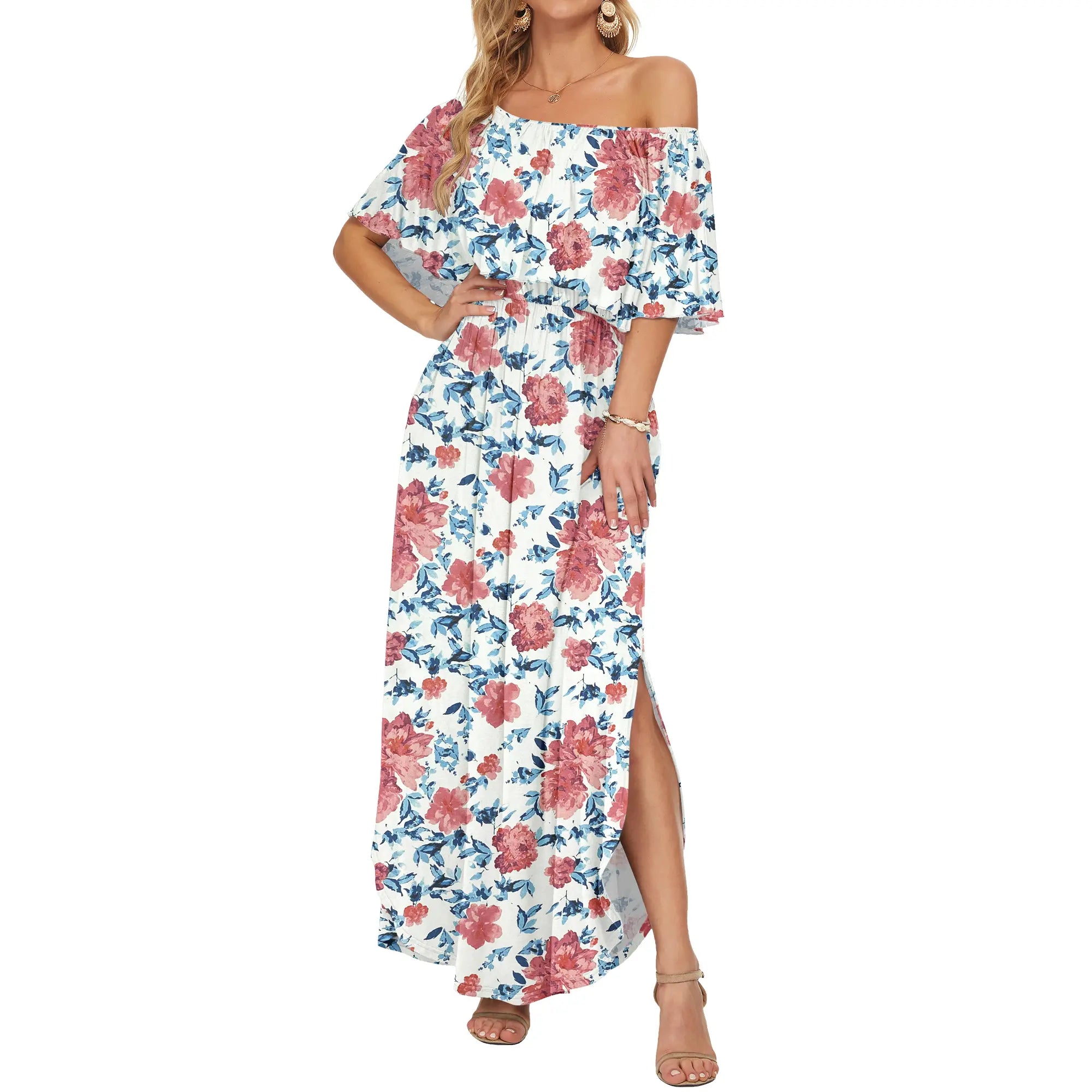 Women's Plus Size Off The Shoulder Dress Wedding Guest Dress Summer Casual Long Ruffle Party Side Split Beach Maxi Dresses with Pockets