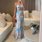 Women's Tropical Floral Print Smocked Maxi Dress Ruched Bandeau Cutout Summer Vacation Dress Elegant Shirred Ruffle Hem Mermaid Beach Dress/Summer Dress/Seaside Vacation Sleeveless Skirt