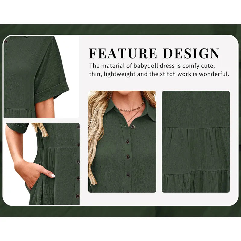 Babydoll Dress for Women Short Sleeve Button Down Textured Non-clingy Loose Fit Flowy Mini Dress with Pockets 2026 New Summer Dress