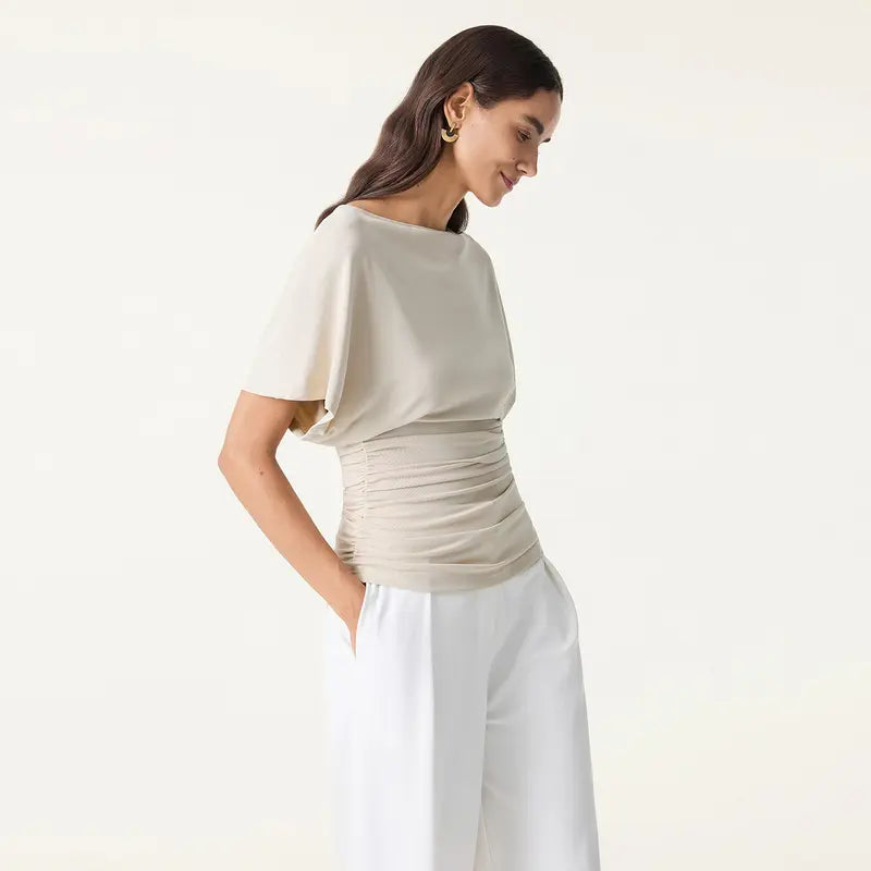 OGL Effortless Boatneck Batwing Sleeve Side Ruched Top - Stylish & Comfortable Women's Fashion baju kelawar outfit Quiet Luxury Essential cute spring clothes women's summer tops tiktokshopmemorialday summerwins