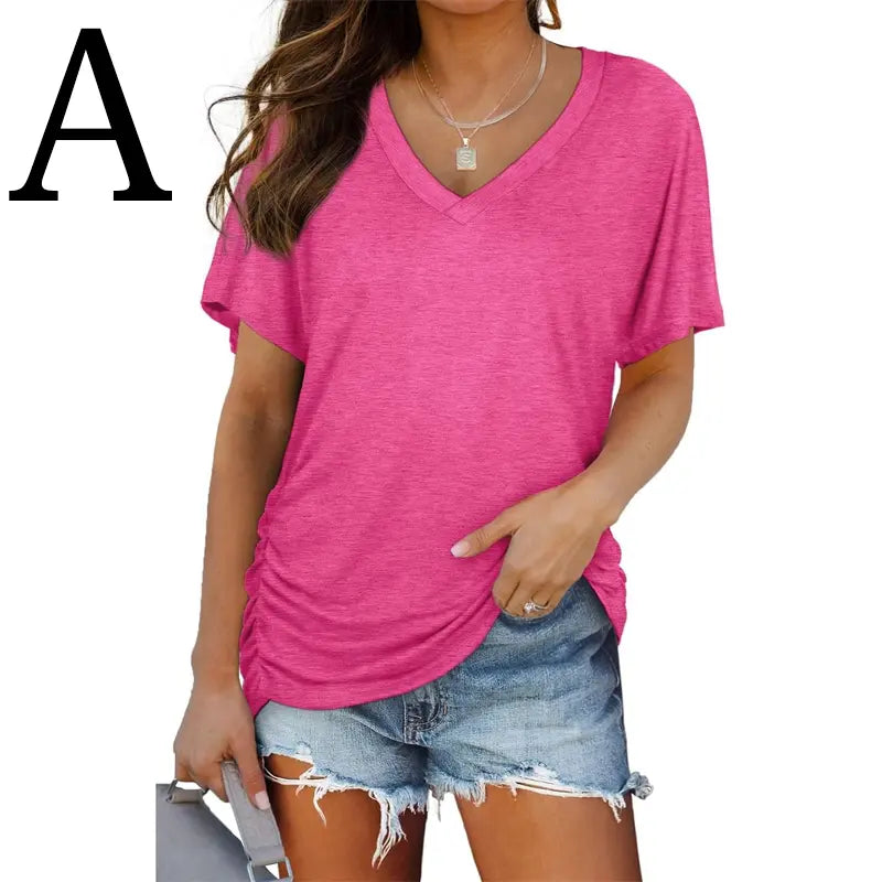 HOLLWI SwimWeek Womens Short Sleeve V Neck Dolman Tops with Side Shirring Loose Fit Shirts
