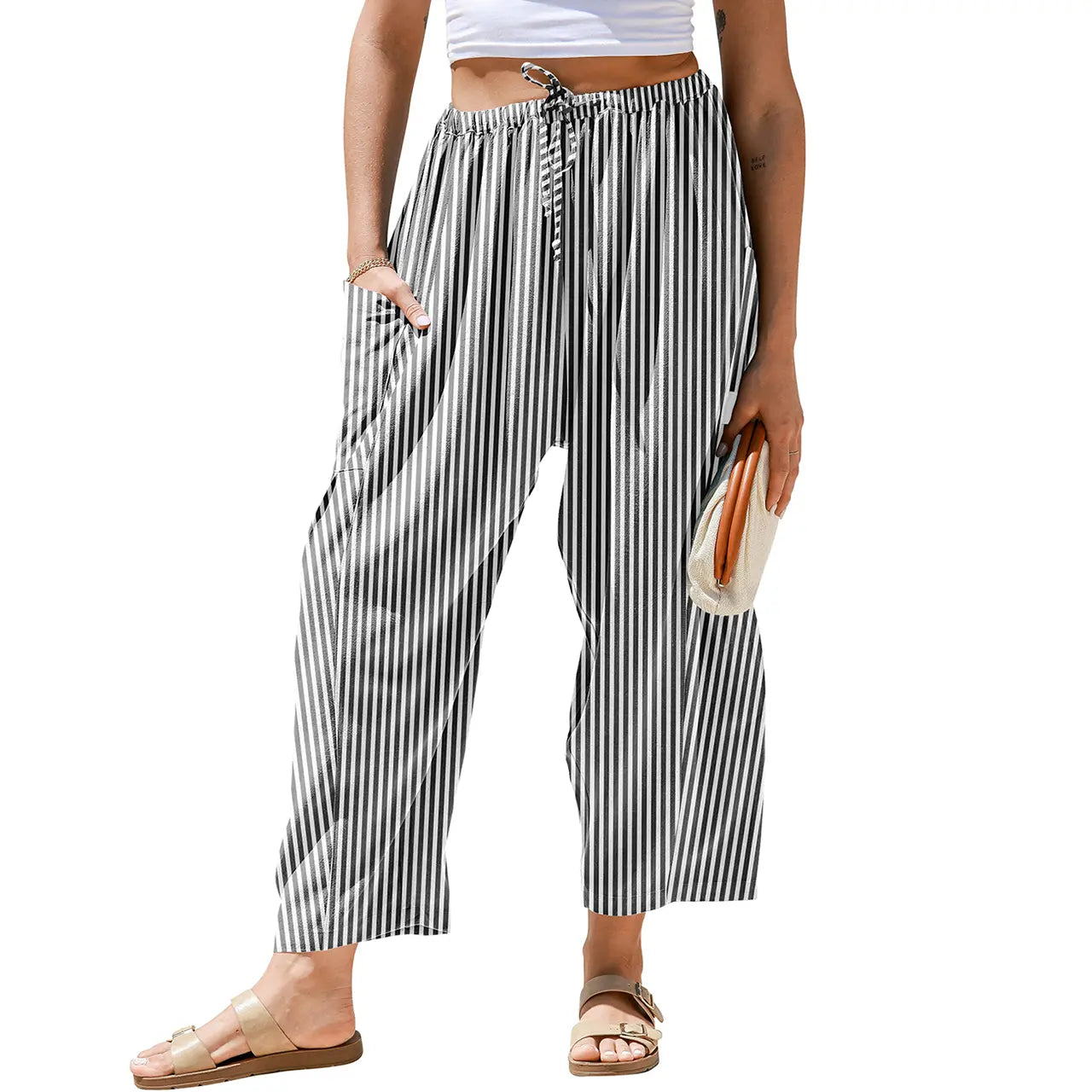 【SS26 Kollektion】Damen Weite Hose Gestreifte Karohose Freizeit Barrel Loose Kordelzug Niedrige Taille Palazzo Haremshose mit Taschen
