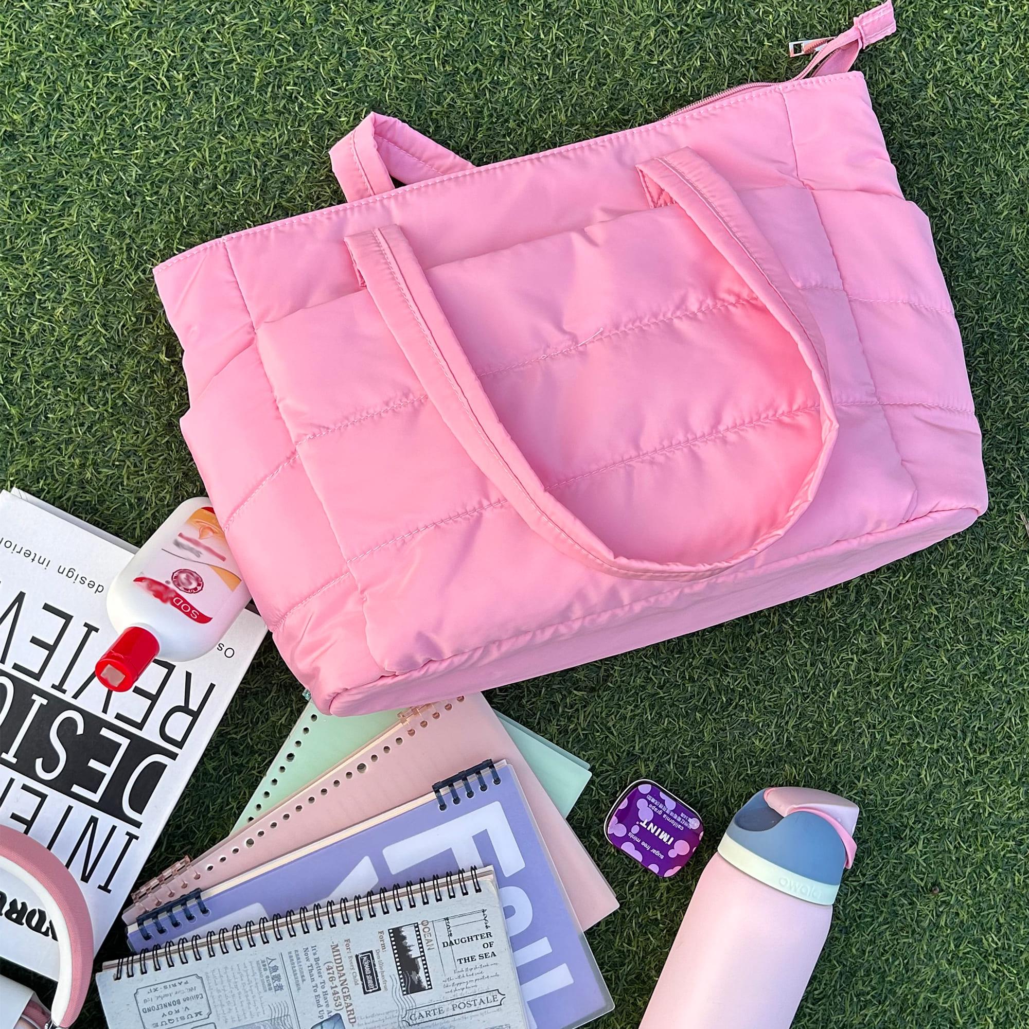 [SummerVibes] CozyLoucia Cute Puffer Tote Bag for Women Pink Flower Print Interior Laptop Shoulder Handbag, Lightweight Best Tote Bag for Work with Multiple Compartments for Travel , Work and School, Quilted Puffer Bag, Gifts For Women summerwins