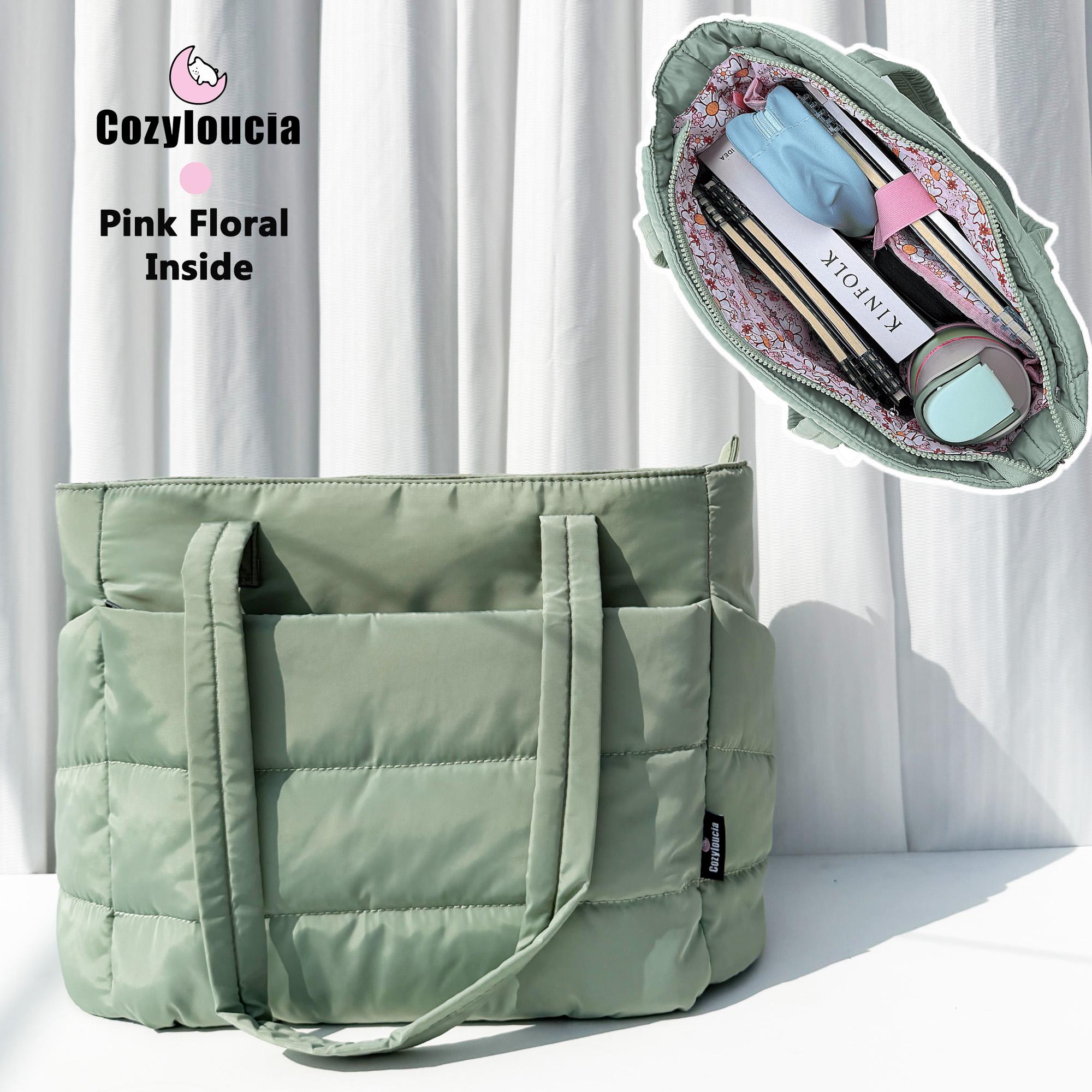 [SummerVibes] CozyLoucia Cute Puffer Tote Bag for Women Pink Flower Print Interior Laptop Shoulder Handbag, Lightweight Best Tote Bag for Work with Multiple Compartments for Travel , Work and School, Quilted Puffer Bag, Gifts For Women summerwins