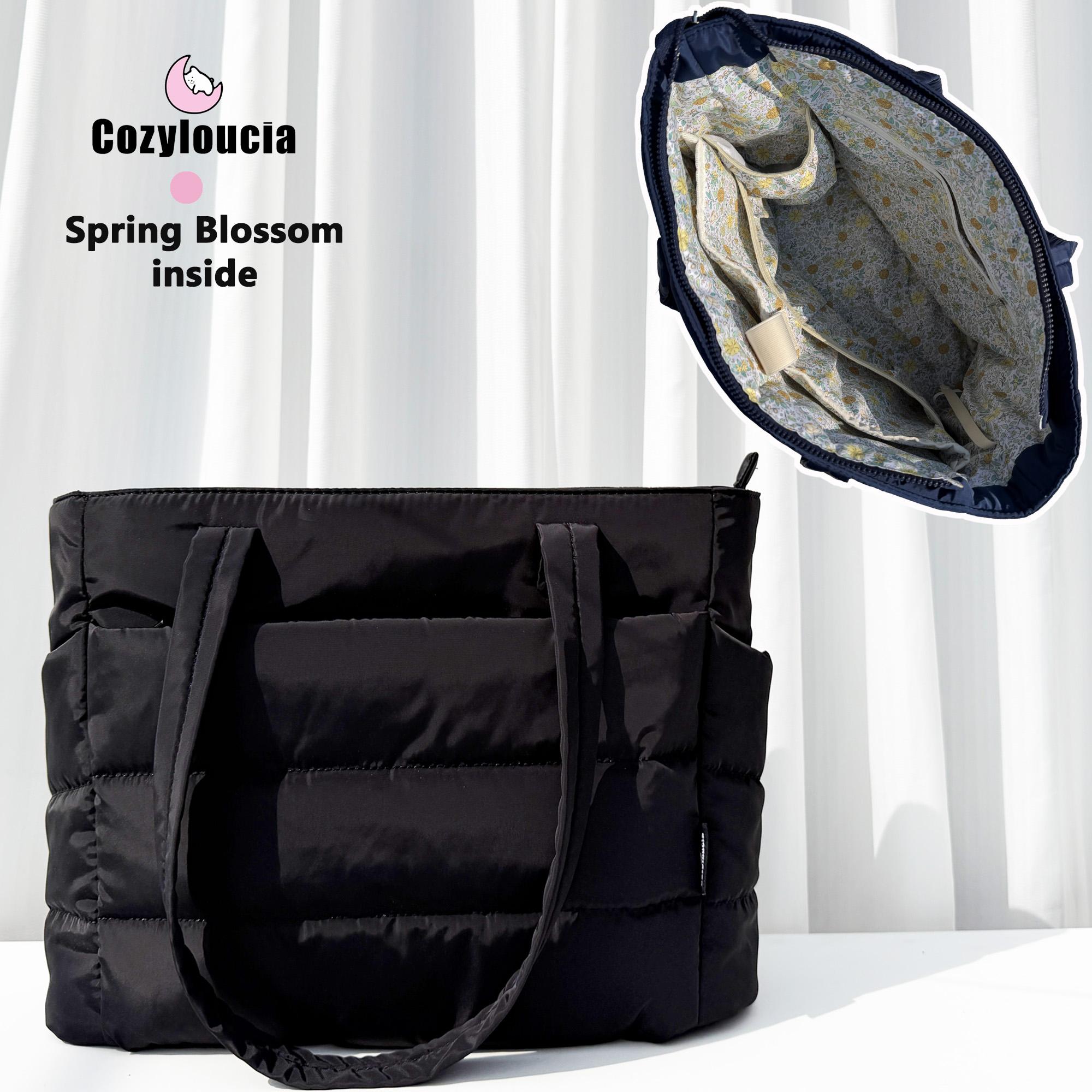 [SummerVibes] CozyLoucia Cute Puffer Tote Bag for Women Pink Flower Print Interior Laptop Shoulder Handbag, Lightweight Best Tote Bag for Work with Multiple Compartments for Travel , Work and School, Quilted Puffer Bag, Gifts For Women summerwins