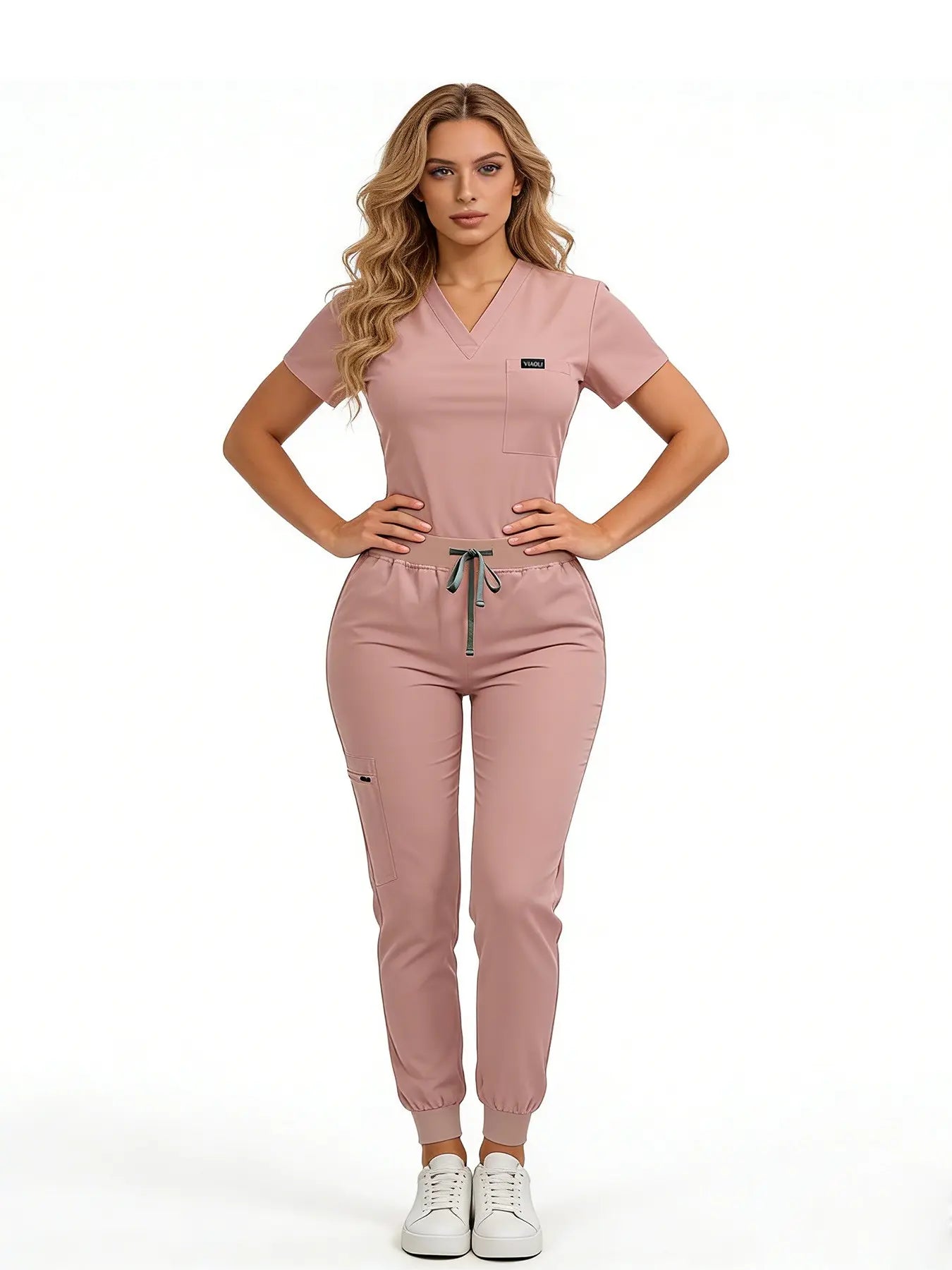 Women's Medical Scrubs Set, Anti-Pilling Lightweight Breathable Multi-Pocket Top & Side Pocket Jogger Pants for Hospital, Clinic & Spa Use Uniforms