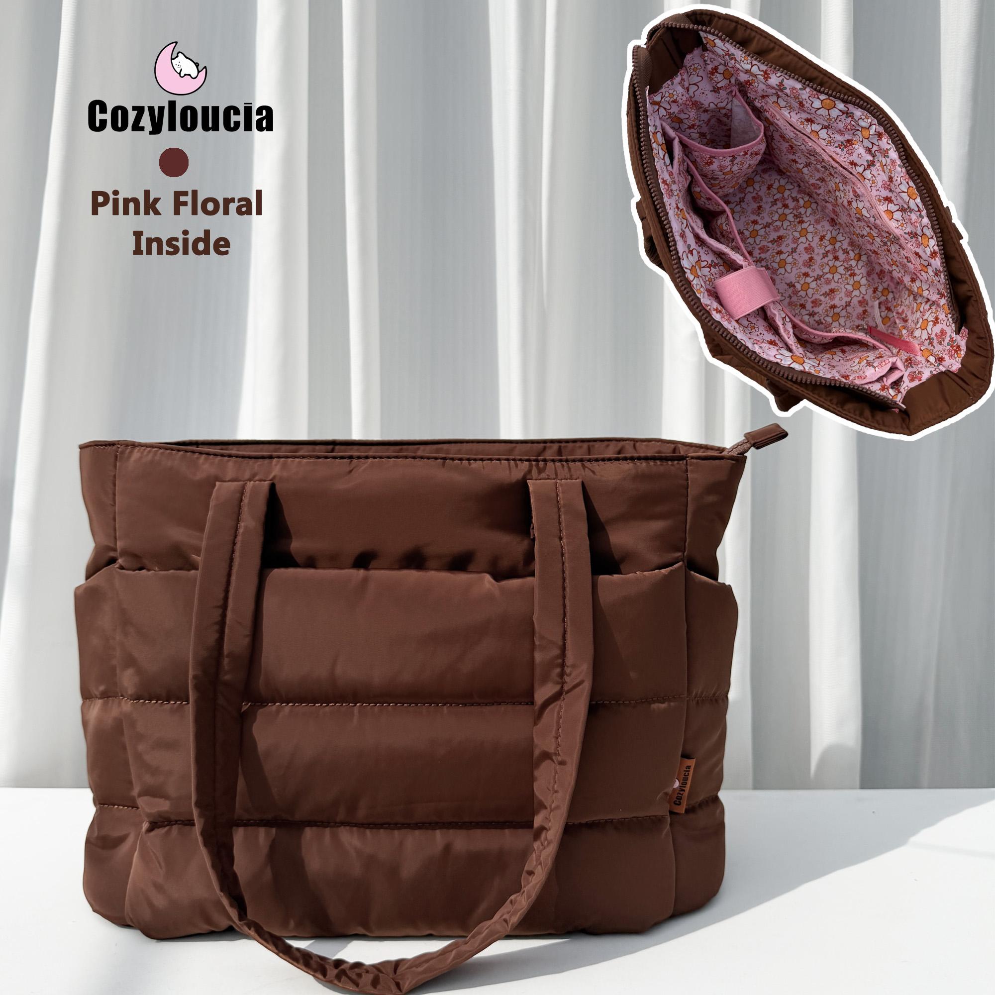[SummerVibes] CozyLoucia Cute Puffer Tote Bag for Women Pink Flower Print Interior Laptop Shoulder Handbag, Lightweight Best Tote Bag for Work with Multiple Compartments for Travel , Work and School, Quilted Puffer Bag, Gifts For Women summerwins