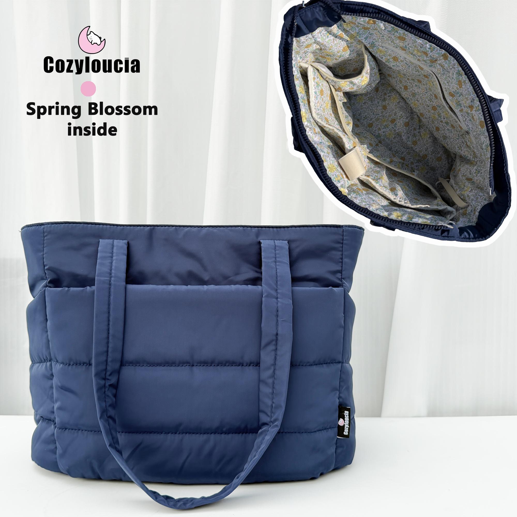 [SummerVibes] CozyLoucia Cute Puffer Tote Bag for Women Pink Flower Print Interior Laptop Shoulder Handbag, Lightweight Best Tote Bag for Work with Multiple Compartments for Travel , Work and School, Quilted Puffer Bag, Gifts For Women summerwins