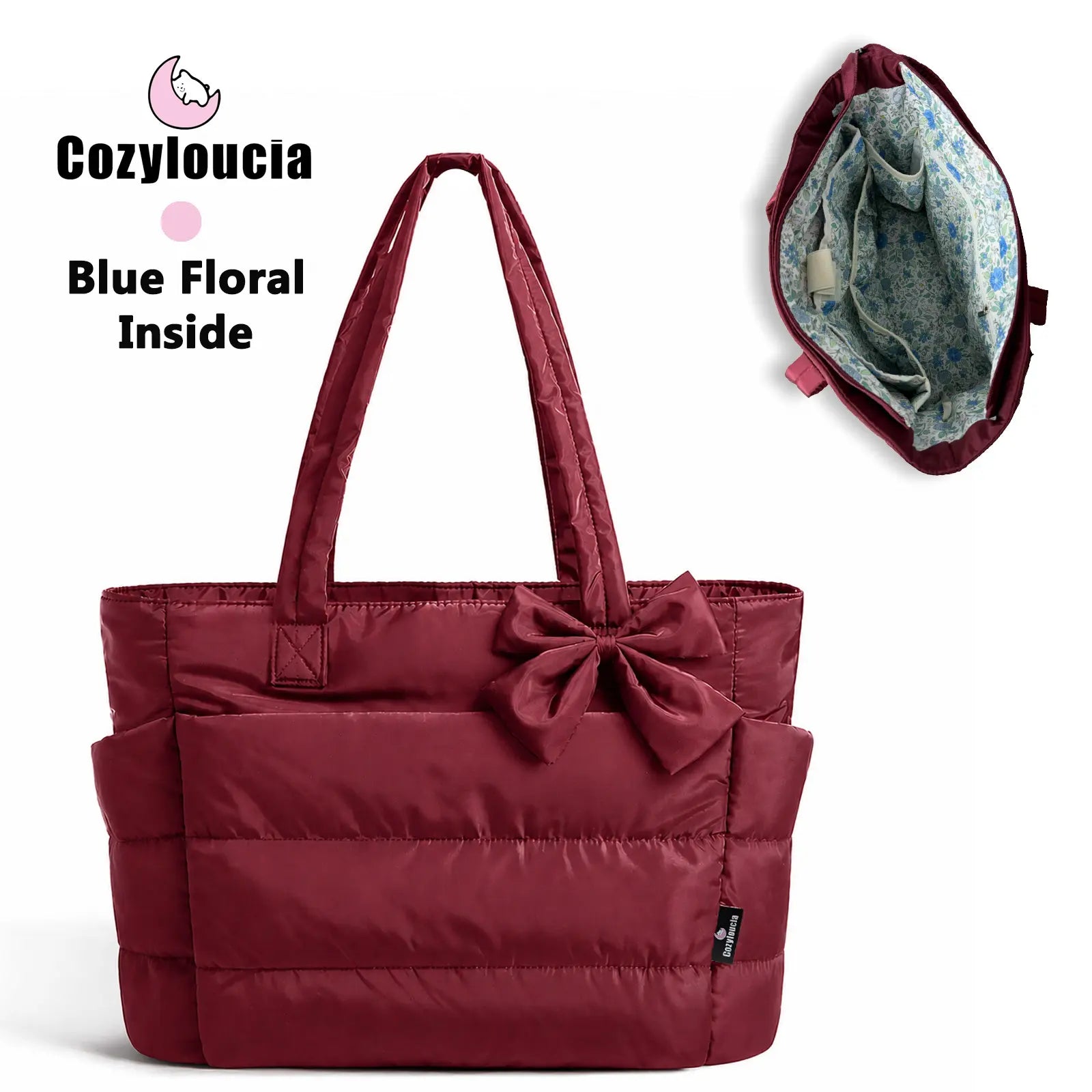 [SummerVibes] CozyLoucia Cute Puffer Tote Bag for Women Pink Flower Print Interior Laptop Shoulder Handbag, Lightweight Best Tote Bag for Work with Multiple Compartments for Travel , Work and School, Quilted Puffer Bag, Gifts For Women summerwins