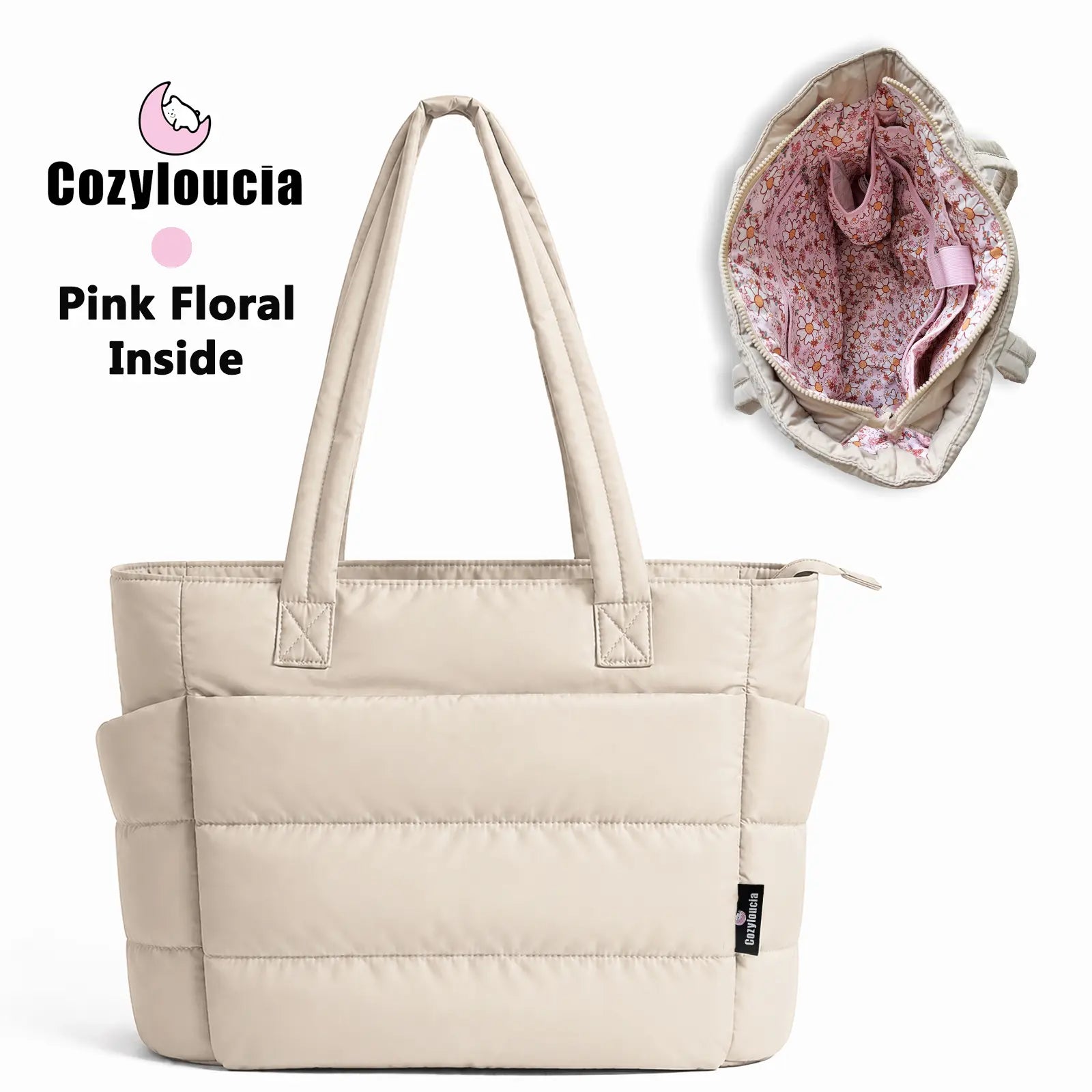 [SummerVibes] CozyLoucia Cute Puffer Tote Bag for Women Pink Flower Print Interior Laptop Shoulder Handbag, Lightweight Best Tote Bag for Work with Multiple Compartments for Travel , Work and School, Quilted Puffer Bag, Gifts For Women summerwins