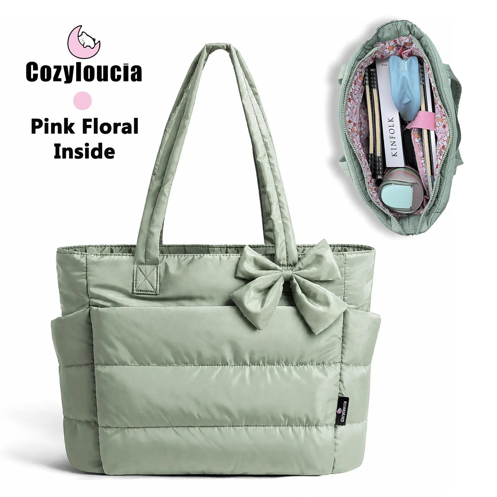 [SummerVibes] CozyLoucia Cute Puffer Tote Bag for Women Pink Flower Print Interior Laptop Shoulder Handbag, Lightweight Best Tote Bag for Work with Multiple Compartments for Travel , Work and School, Quilted Puffer Bag, Gifts For Women summerwins