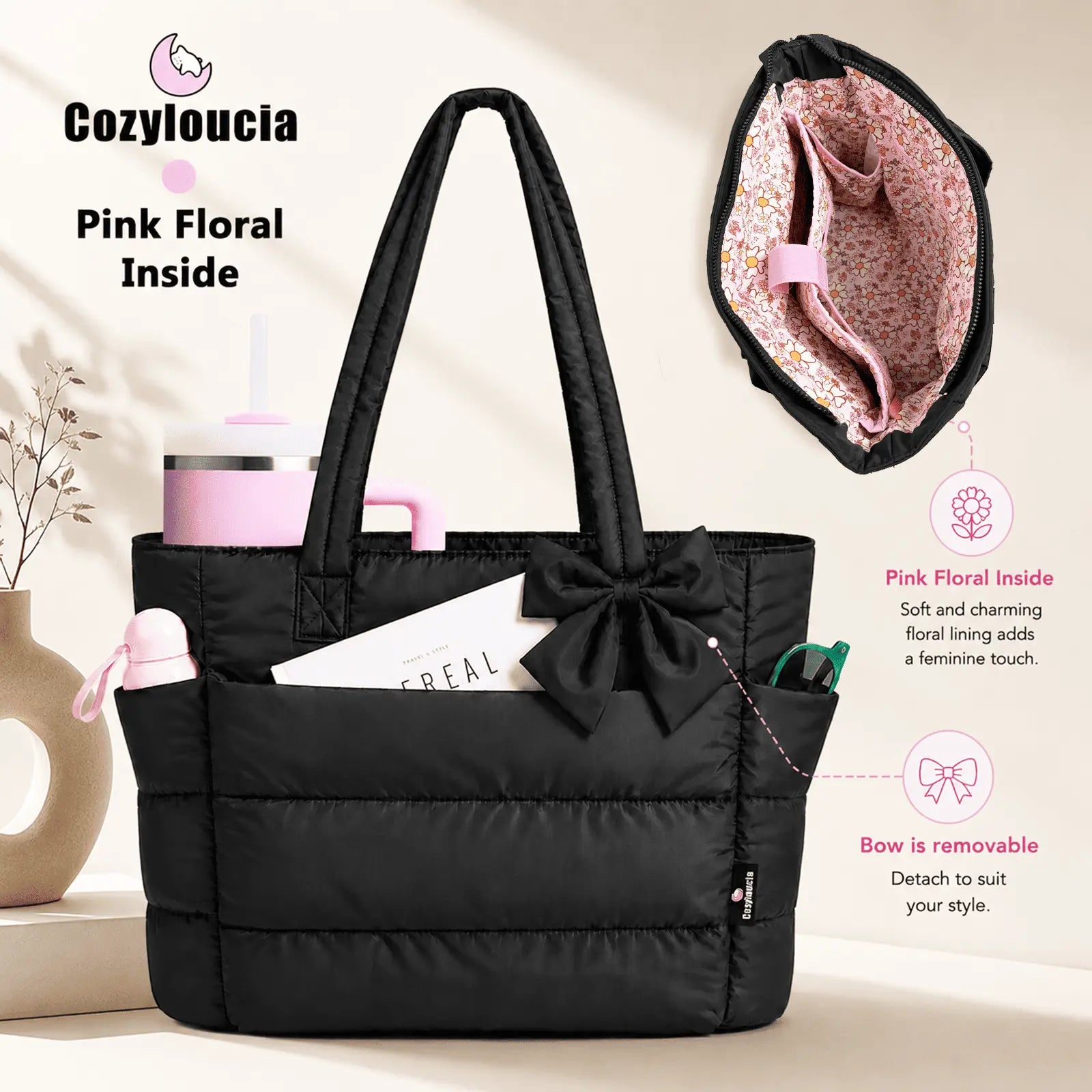 [SummerVibes] CozyLoucia Cute Puffer Tote Bag for Women Pink Flower Print Interior Laptop Shoulder Handbag, Lightweight Best Tote Bag for Work with Multiple Compartments for Travel , Work and School, Quilted Puffer Bag, Gifts For Women summerwins
