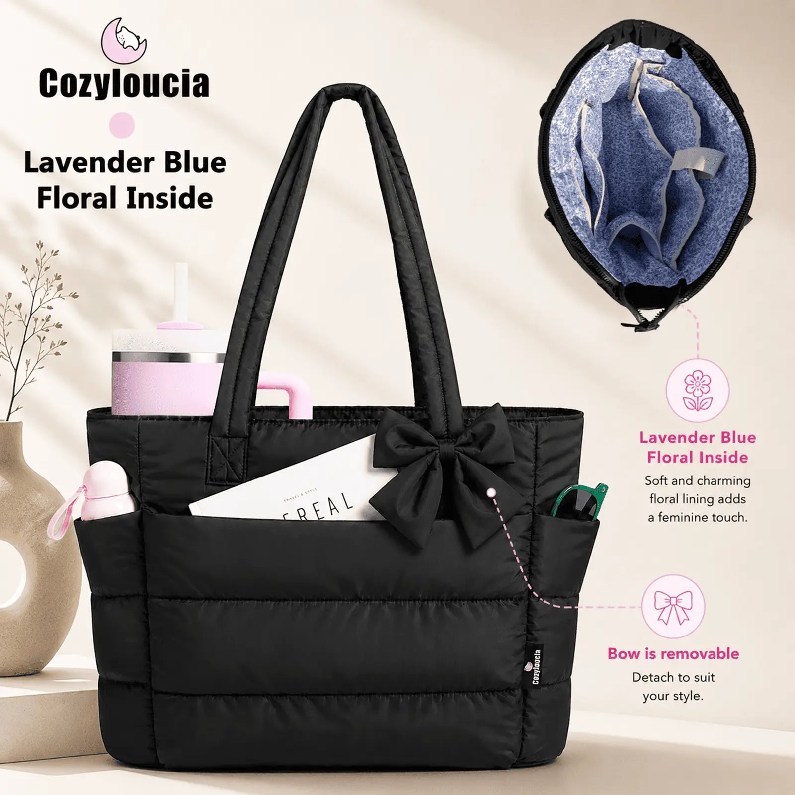 [SummerVibes] CozyLoucia Cute Puffer Tote Bag for Women Pink Flower Print Interior Laptop Shoulder Handbag, Lightweight Best Tote Bag for Work with Multiple Compartments for Travel , Work and School, Quilted Puffer Bag, Gifts For Women summerwins