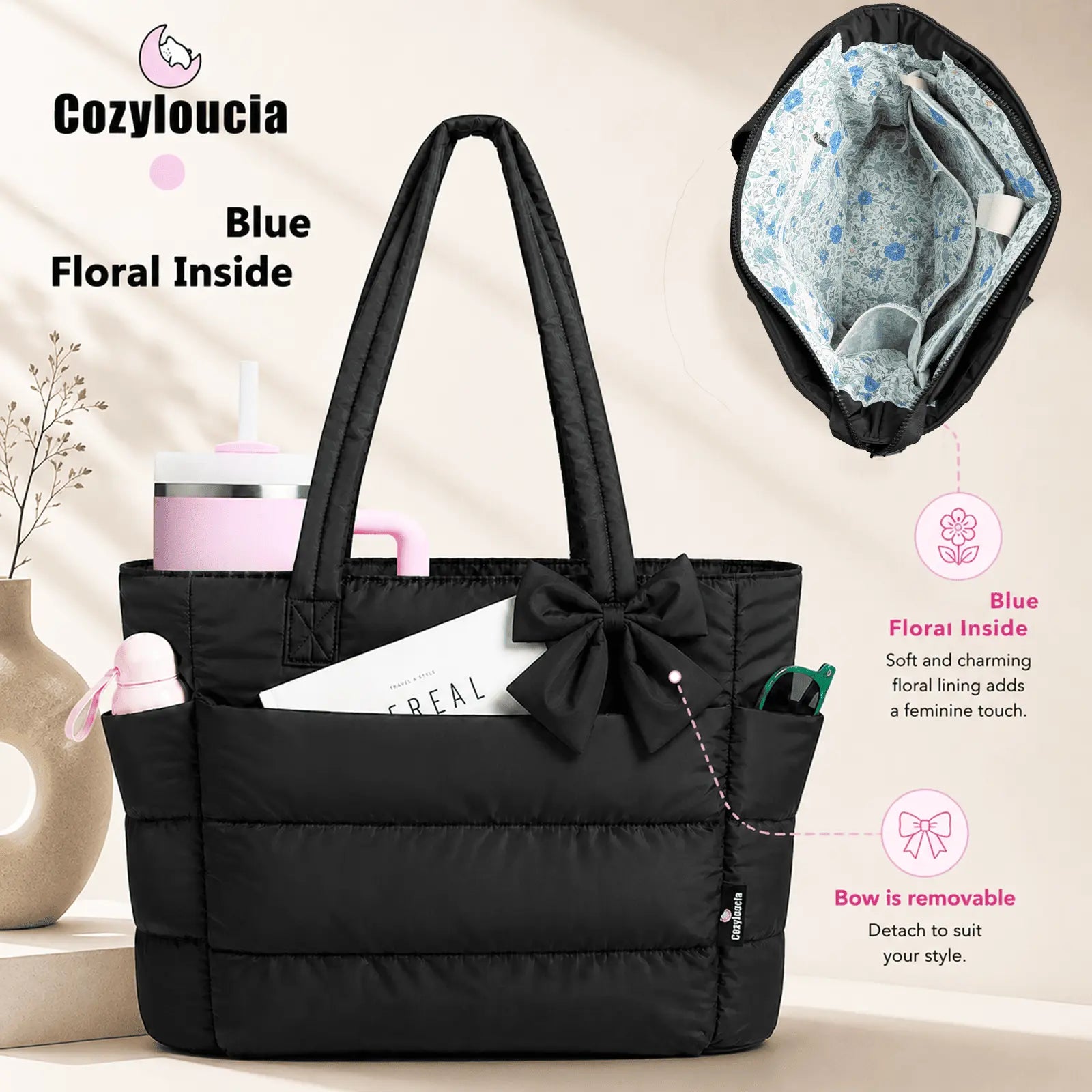 [SummerVibes] CozyLoucia Cute Puffer Tote Bag for Women Pink Flower Print Interior Laptop Shoulder Handbag, Lightweight Best Tote Bag for Work with Multiple Compartments for Travel , Work and School, Quilted Puffer Bag, Gifts For Women summerwins