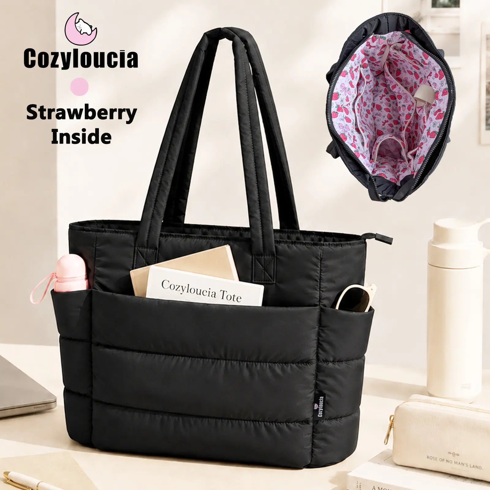 [SummerVibes] CozyLoucia Cute Puffer Tote Bag for Women Pink Flower Print Interior Laptop Shoulder Handbag, Lightweight Best Tote Bag for Work with Multiple Compartments for Travel , Work and School, Quilted Puffer Bag, Gifts For Women summerwins
