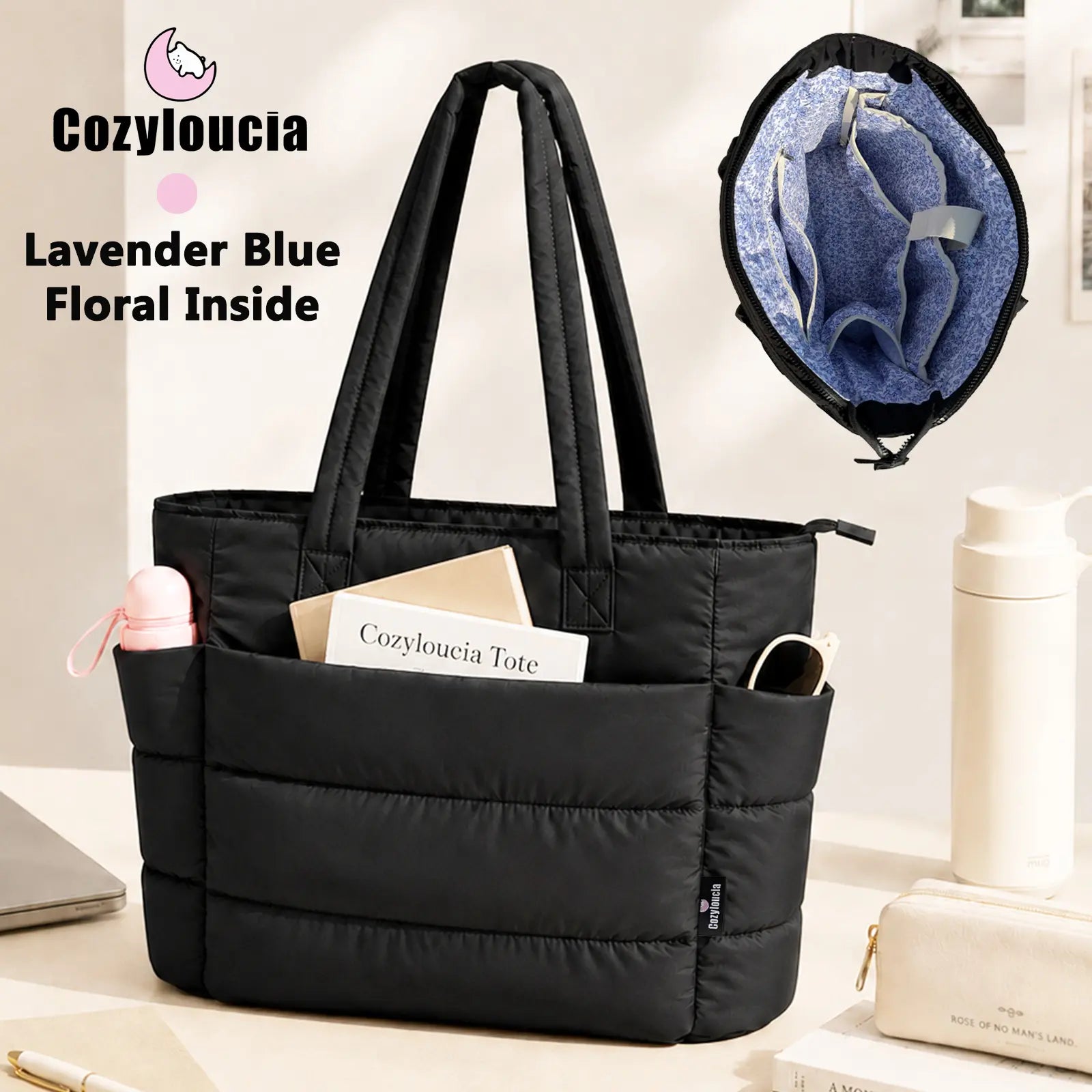 [SummerVibes] CozyLoucia Cute Puffer Tote Bag for Women Pink Flower Print Interior Laptop Shoulder Handbag, Lightweight Best Tote Bag for Work with Multiple Compartments for Travel , Work and School, Quilted Puffer Bag, Gifts For Women summerwins