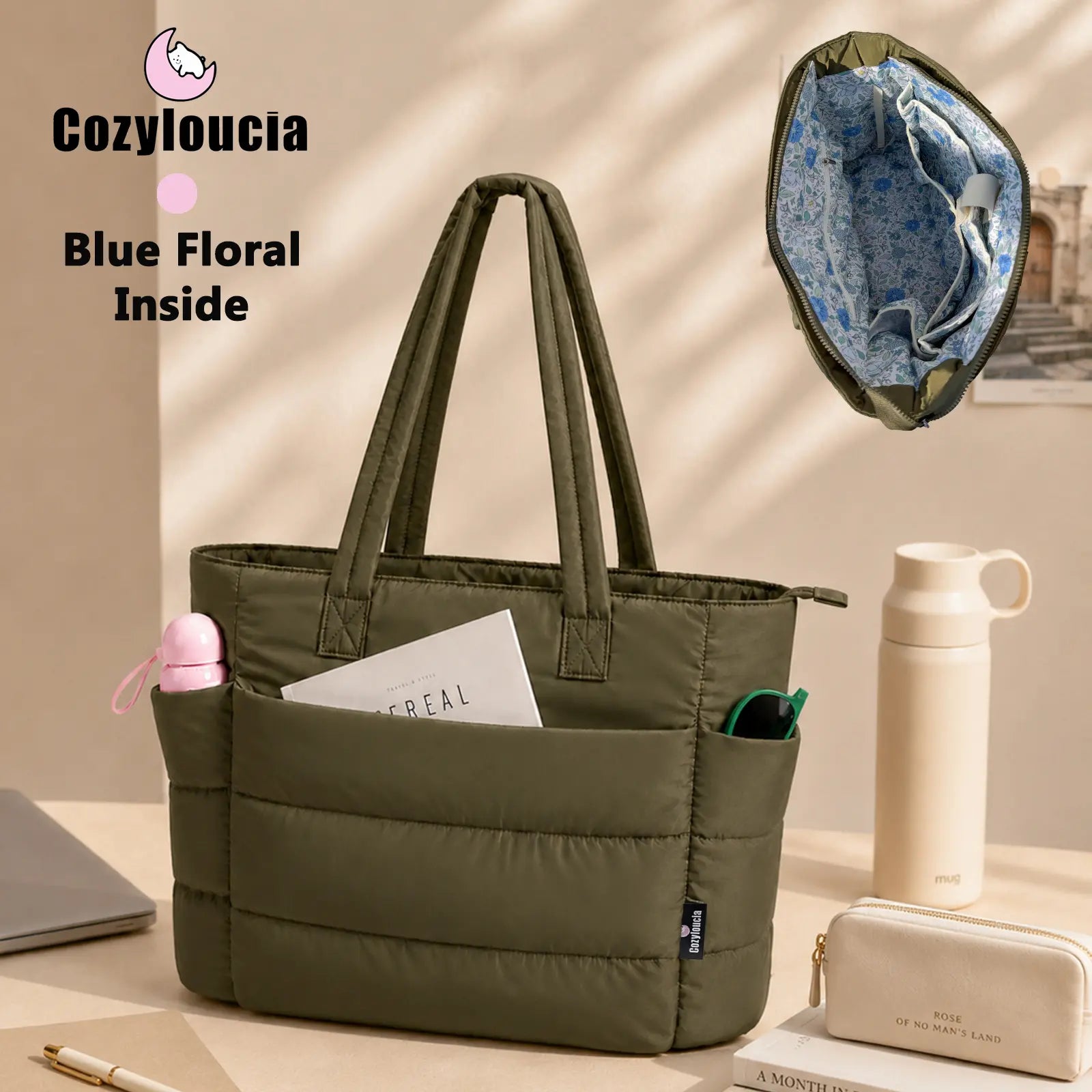 [SummerVibes] CozyLoucia Cute Puffer Tote Bag for Women Pink Flower Print Interior Laptop Shoulder Handbag, Lightweight Best Tote Bag for Work with Multiple Compartments for Travel , Work and School, Quilted Puffer Bag, Gifts For Women summerwins