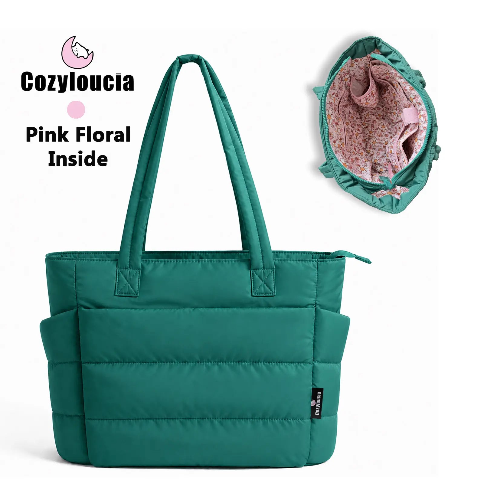 [SummerVibes] CozyLoucia Cute Puffer Tote Bag for Women Pink Flower Print Interior Laptop Shoulder Handbag, Lightweight Best Tote Bag for Work with Multiple Compartments for Travel , Work and School, Quilted Puffer Bag, Gifts For Women summerwins