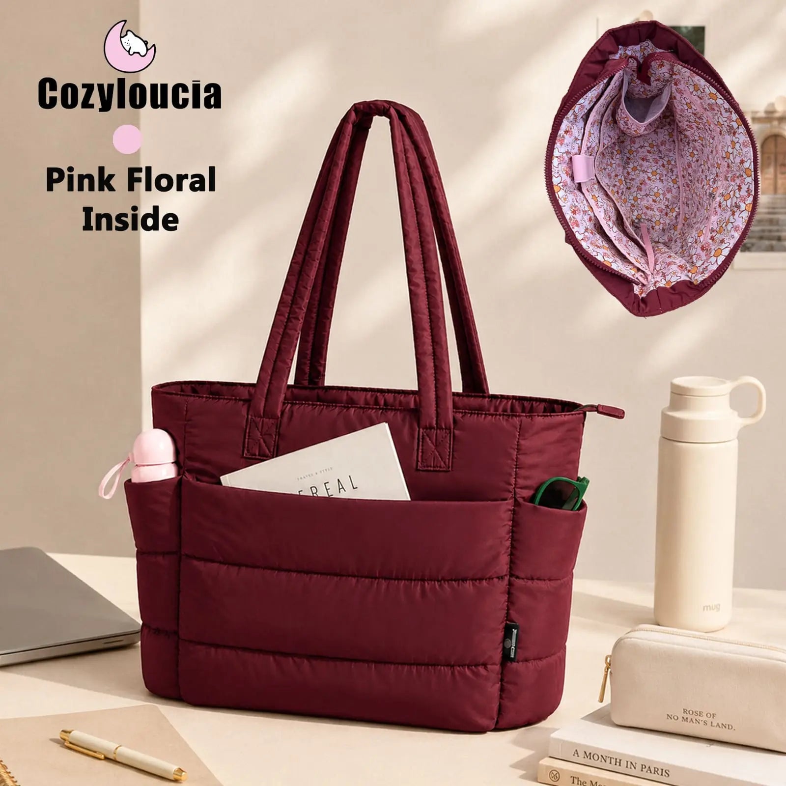 [SummerVibes] CozyLoucia Cute Puffer Tote Bag for Women Pink Flower Print Interior Laptop Shoulder Handbag, Lightweight Best Tote Bag for Work with Multiple Compartments for Travel , Work and School, Quilted Puffer Bag, Gifts For Women summerwins