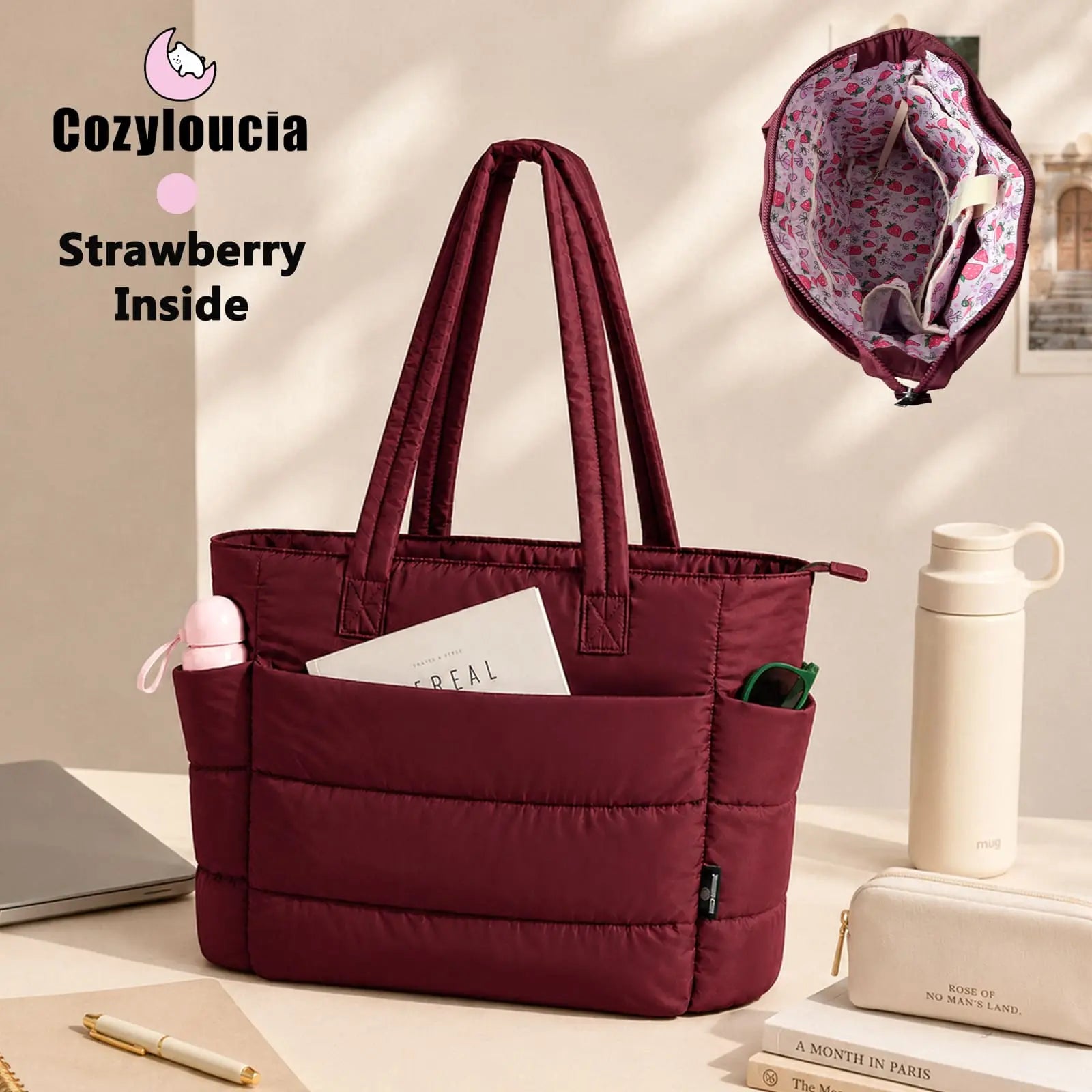 [SummerVibes] CozyLoucia Cute Puffer Tote Bag for Women Pink Flower Print Interior Laptop Shoulder Handbag, Lightweight Best Tote Bag for Work with Multiple Compartments for Travel , Work and School, Quilted Puffer Bag, Gifts For Women summerwins