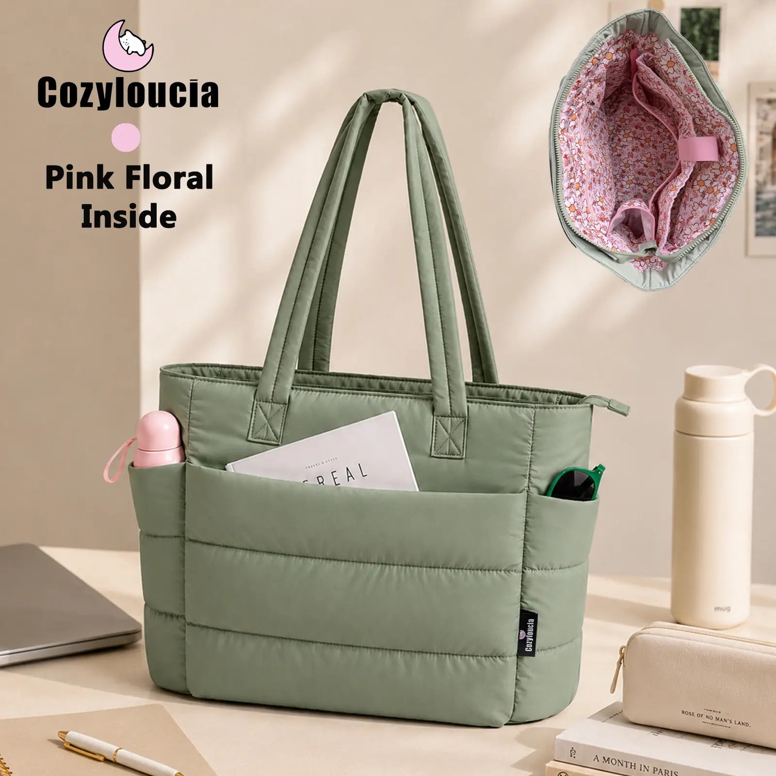 [SummerVibes] CozyLoucia Cute Puffer Tote Bag for Women Pink Flower Print Interior Laptop Shoulder Handbag, Lightweight Best Tote Bag for Work with Multiple Compartments for Travel , Work and School, Quilted Puffer Bag, Gifts For Women summerwins