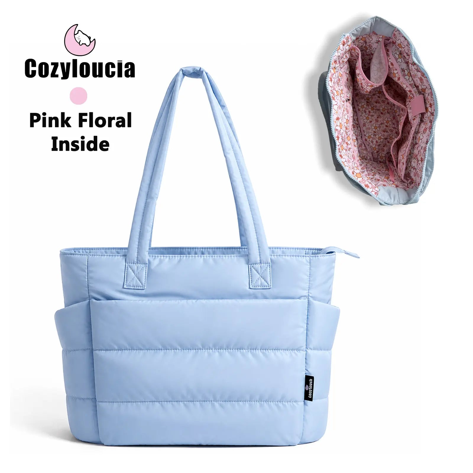 [SummerVibes] CozyLoucia Cute Puffer Tote Bag for Women Pink Flower Print Interior Laptop Shoulder Handbag, Lightweight Best Tote Bag for Work with Multiple Compartments for Travel , Work and School, Quilted Puffer Bag, Gifts For Women summerwins