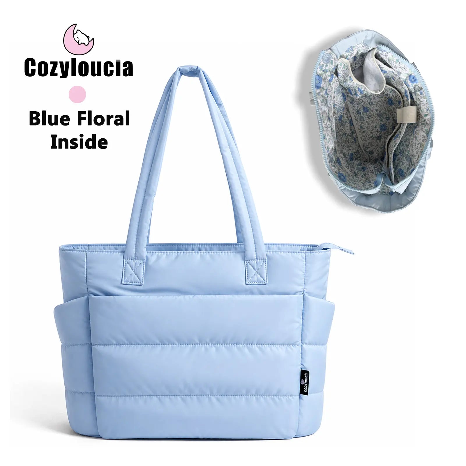[SummerVibes] CozyLoucia Cute Puffer Tote Bag for Women Pink Flower Print Interior Laptop Shoulder Handbag, Lightweight Best Tote Bag for Work with Multiple Compartments for Travel , Work and School, Quilted Puffer Bag, Gifts For Women summerwins