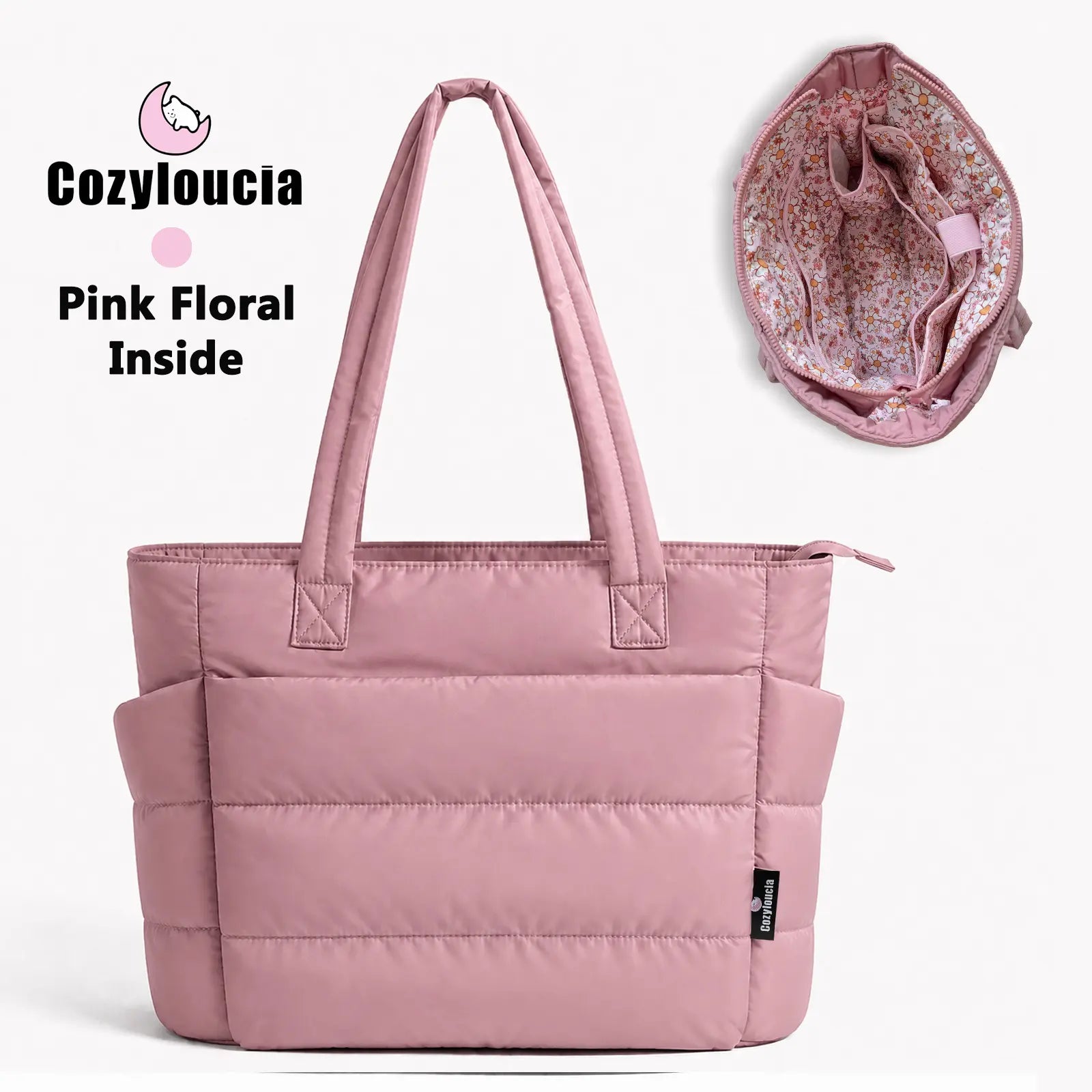 [SummerVibes] CozyLoucia Cute Puffer Tote Bag for Women Pink Flower Print Interior Laptop Shoulder Handbag, Lightweight Best Tote Bag for Work with Multiple Compartments for Travel , Work and School, Quilted Puffer Bag, Gifts For Women summerwins