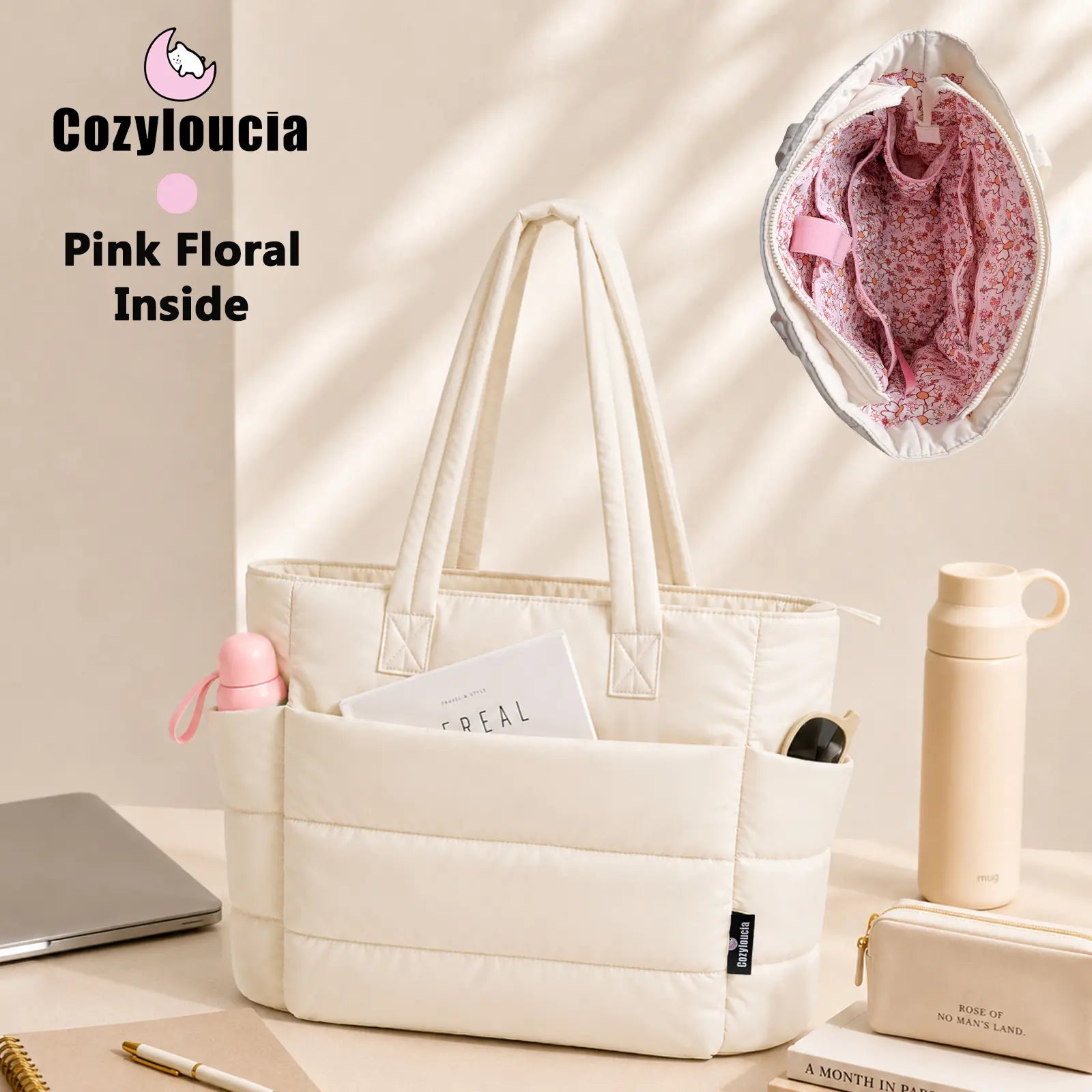 [SummerVibes] CozyLoucia Cute Puffer Tote Bag for Women Pink Flower Print Interior Laptop Shoulder Handbag, Lightweight Best Tote Bag for Work with Multiple Compartments for Travel , Work and School, Quilted Puffer Bag, Gifts For Women summerwins
