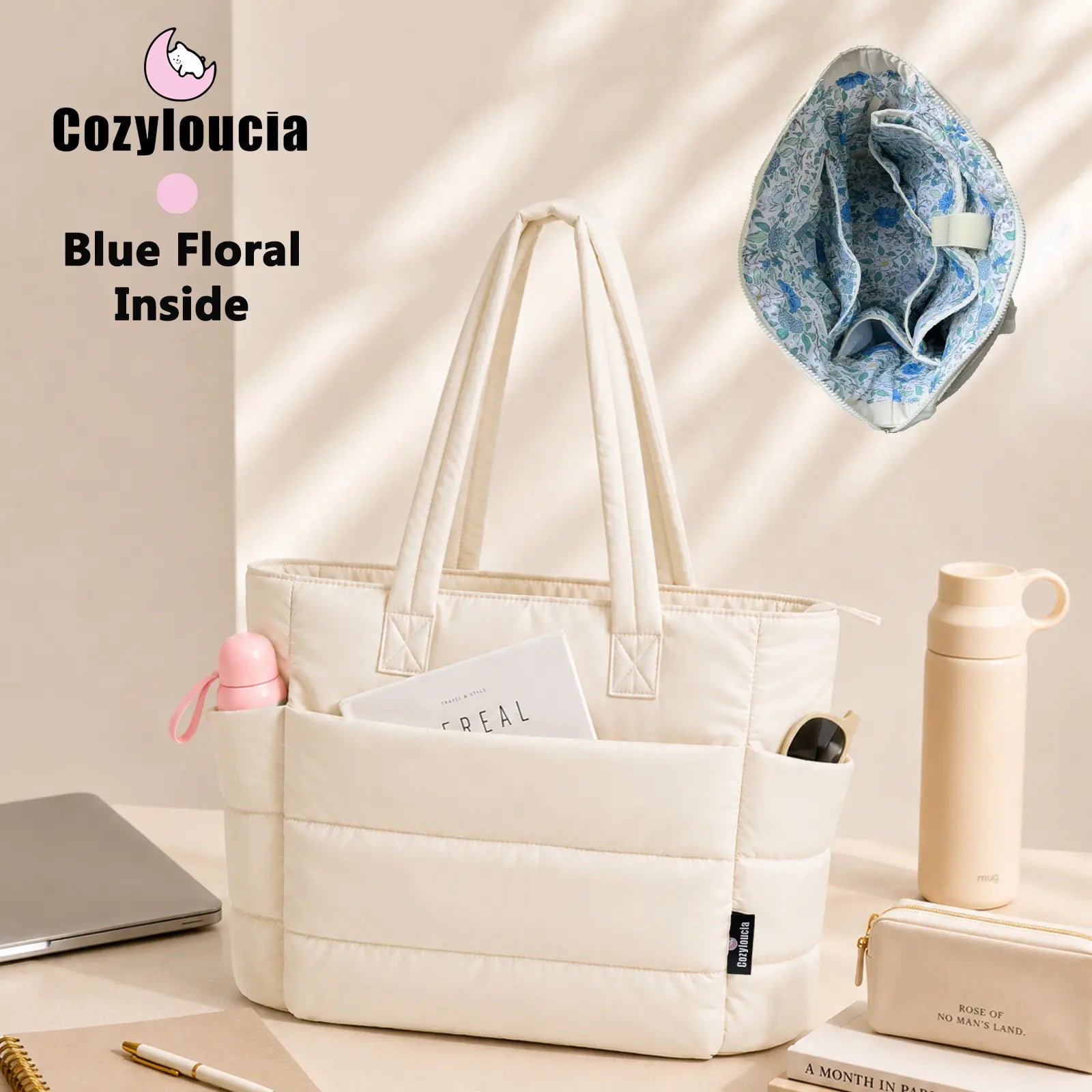 [SummerVibes] CozyLoucia Cute Puffer Tote Bag for Women Pink Flower Print Interior Laptop Shoulder Handbag, Lightweight Best Tote Bag for Work with Multiple Compartments for Travel , Work and School, Quilted Puffer Bag, Gifts For Women summerwins