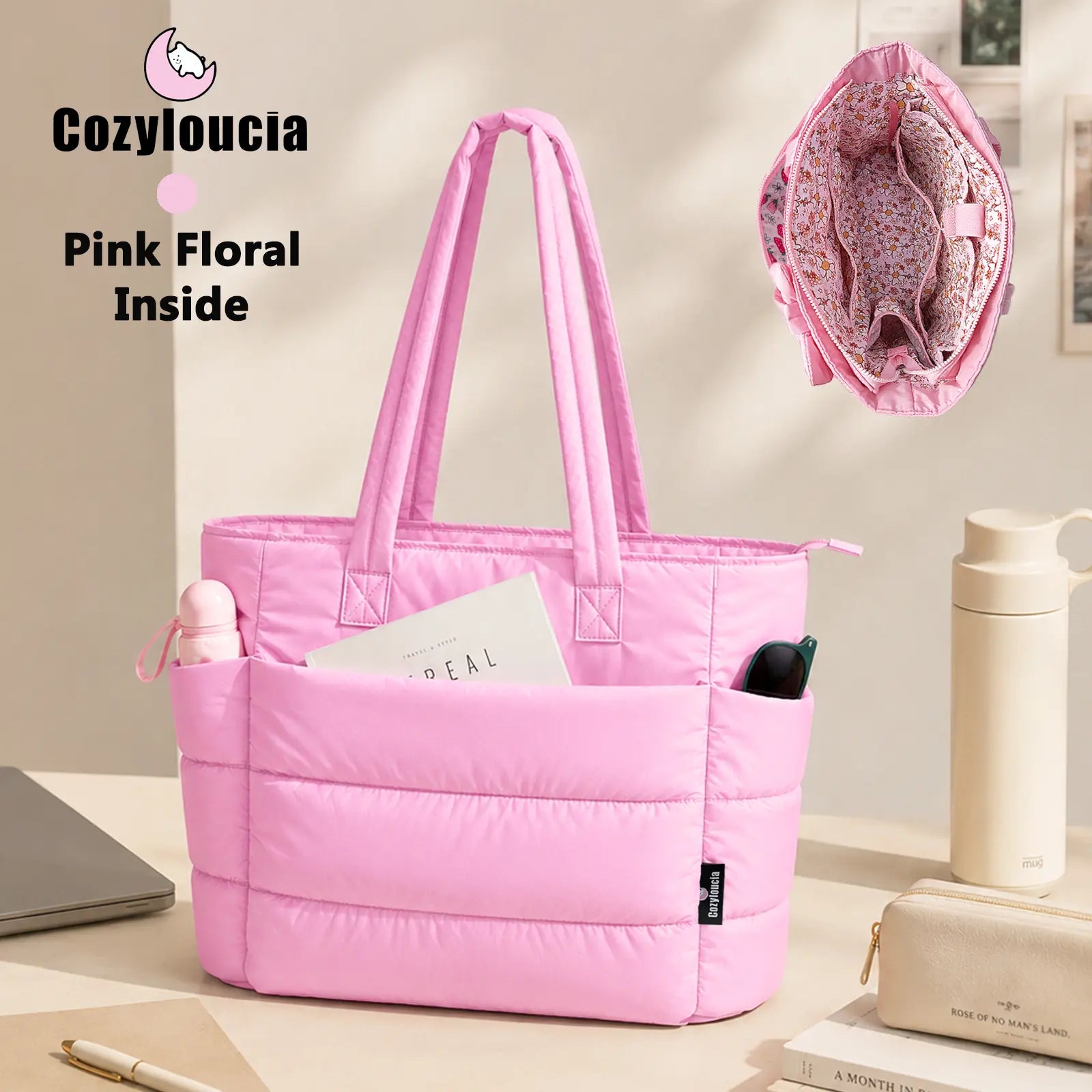 [SummerVibes] CozyLoucia Cute Puffer Tote Bag for Women Pink Flower Print Interior Laptop Shoulder Handbag, Lightweight Best Tote Bag for Work with Multiple Compartments for Travel , Work and School, Quilted Puffer Bag, Gifts For Women summerwins