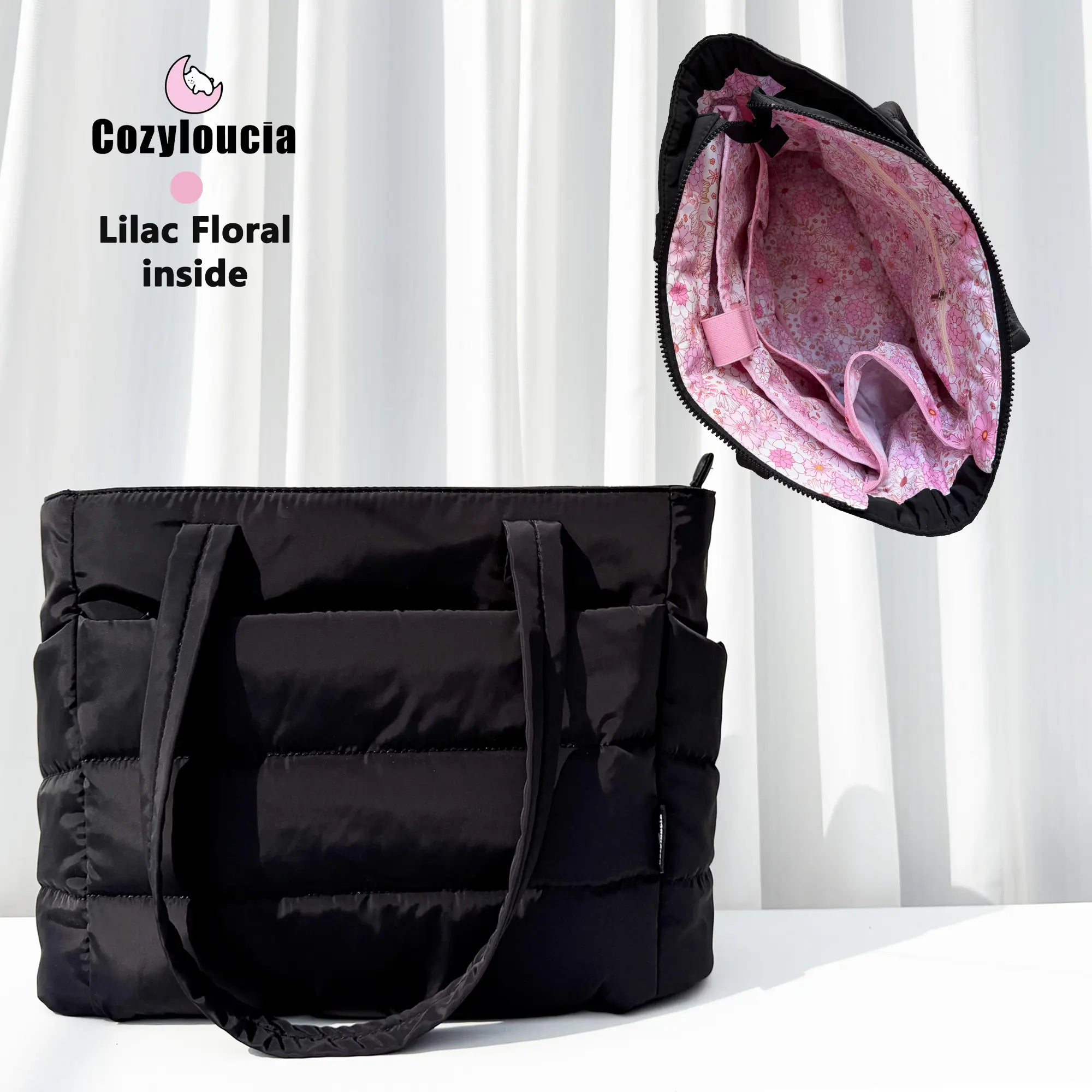 [SummerVibes] CozyLoucia Cute Puffer Tote Bag for Women Pink Flower Print Interior Laptop Shoulder Handbag, Lightweight Best Tote Bag for Work with Multiple Compartments for Travel , Work and School, Quilted Puffer Bag, Gifts For Women summerwins