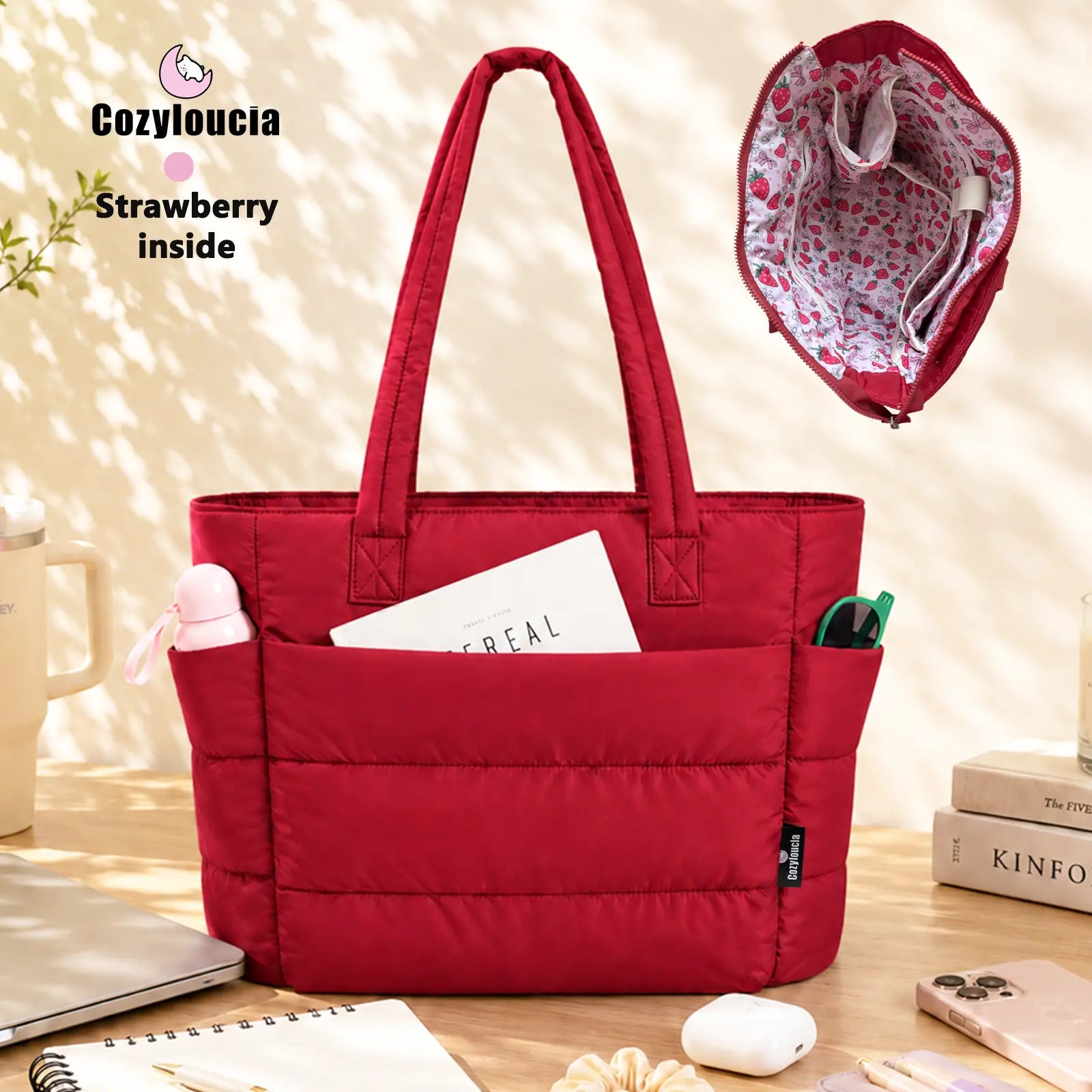[SummerVibes] CozyLoucia Cute Puffer Tote Bag for Women Pink Flower Print Interior Laptop Shoulder Handbag, Lightweight Best Tote Bag for Work with Multiple Compartments for Travel , Work and School, Quilted Puffer Bag, Gifts For Women summerwins