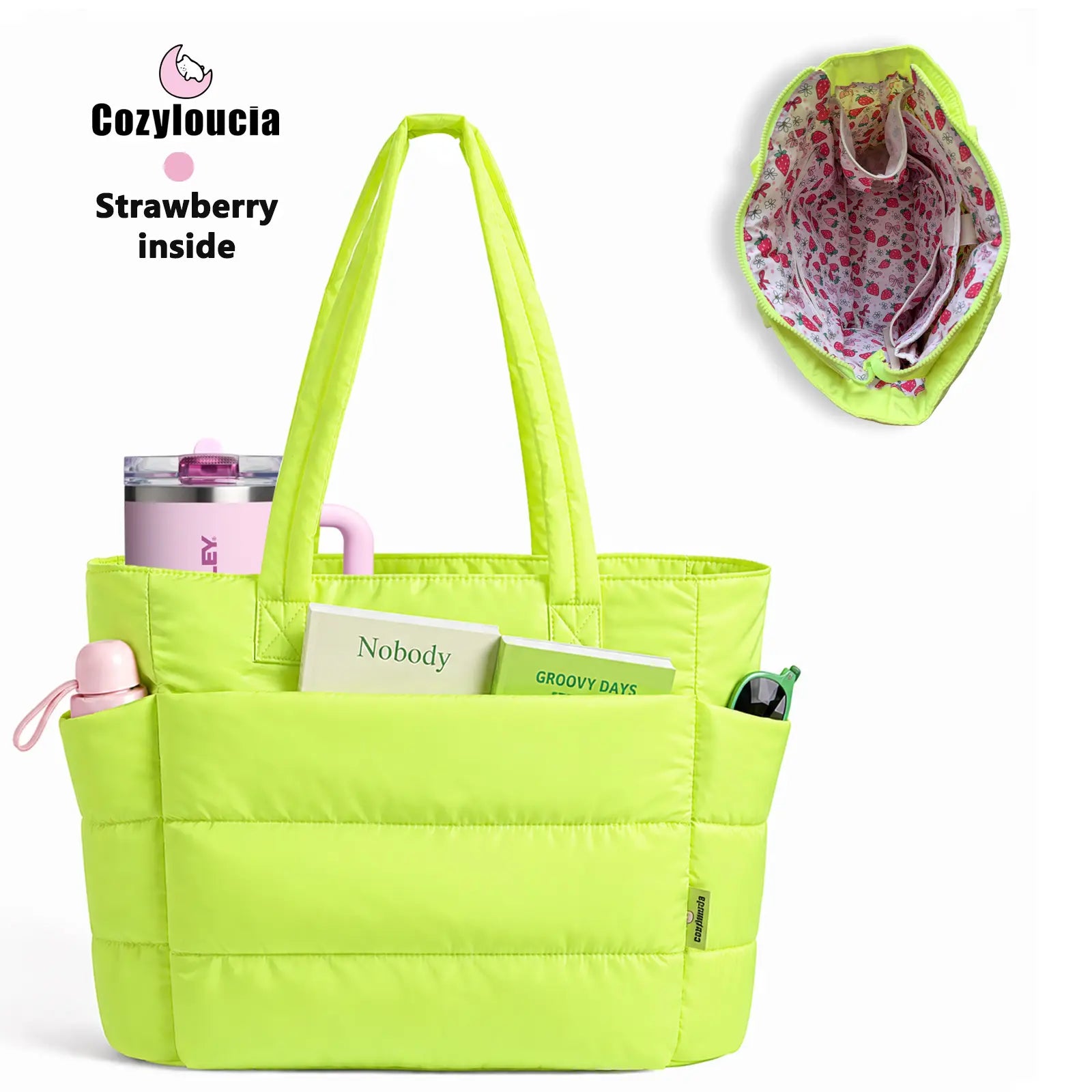 [SummerVibes] CozyLoucia Cute Puffer Tote Bag for Women Pink Flower Print Interior Laptop Shoulder Handbag, Lightweight Best Tote Bag for Work with Multiple Compartments for Travel , Work and School, Quilted Puffer Bag, Gifts For Women summerwins