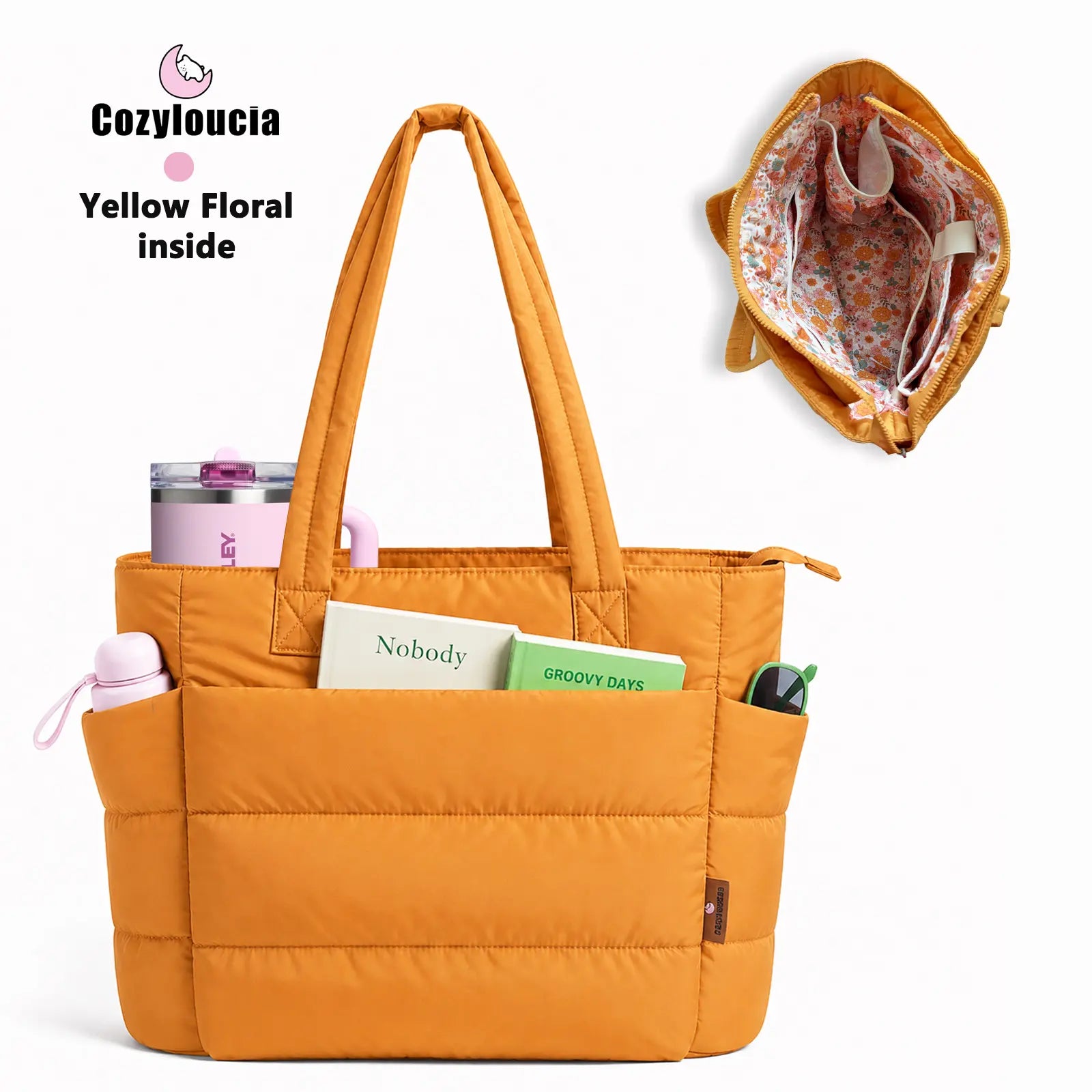 [SummerVibes] CozyLoucia Cute Puffer Tote Bag for Women Pink Flower Print Interior Laptop Shoulder Handbag, Lightweight Best Tote Bag for Work with Multiple Compartments for Travel , Work and School, Quilted Puffer Bag, Gifts For Women summerwins