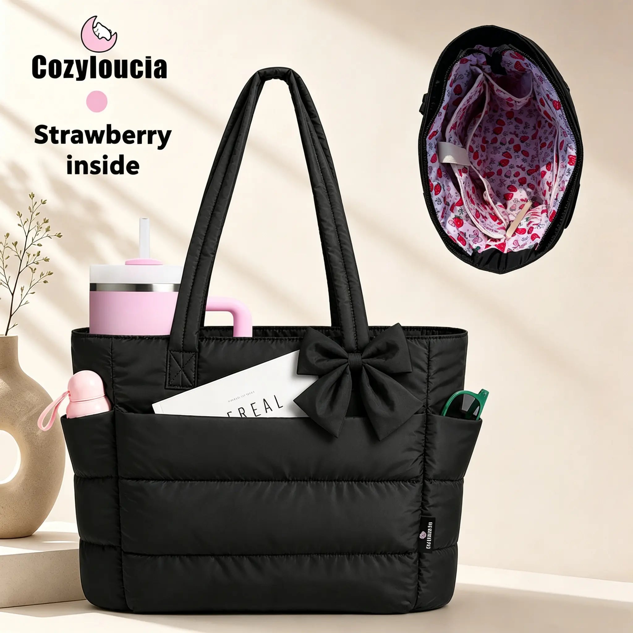 [SummerVibes] CozyLoucia Cute Puffer Tote Bag for Women Pink Flower Print Interior Laptop Shoulder Handbag, Lightweight Best Tote Bag for Work with Multiple Compartments for Travel , Work and School, Quilted Puffer Bag, Gifts For Women summerwins