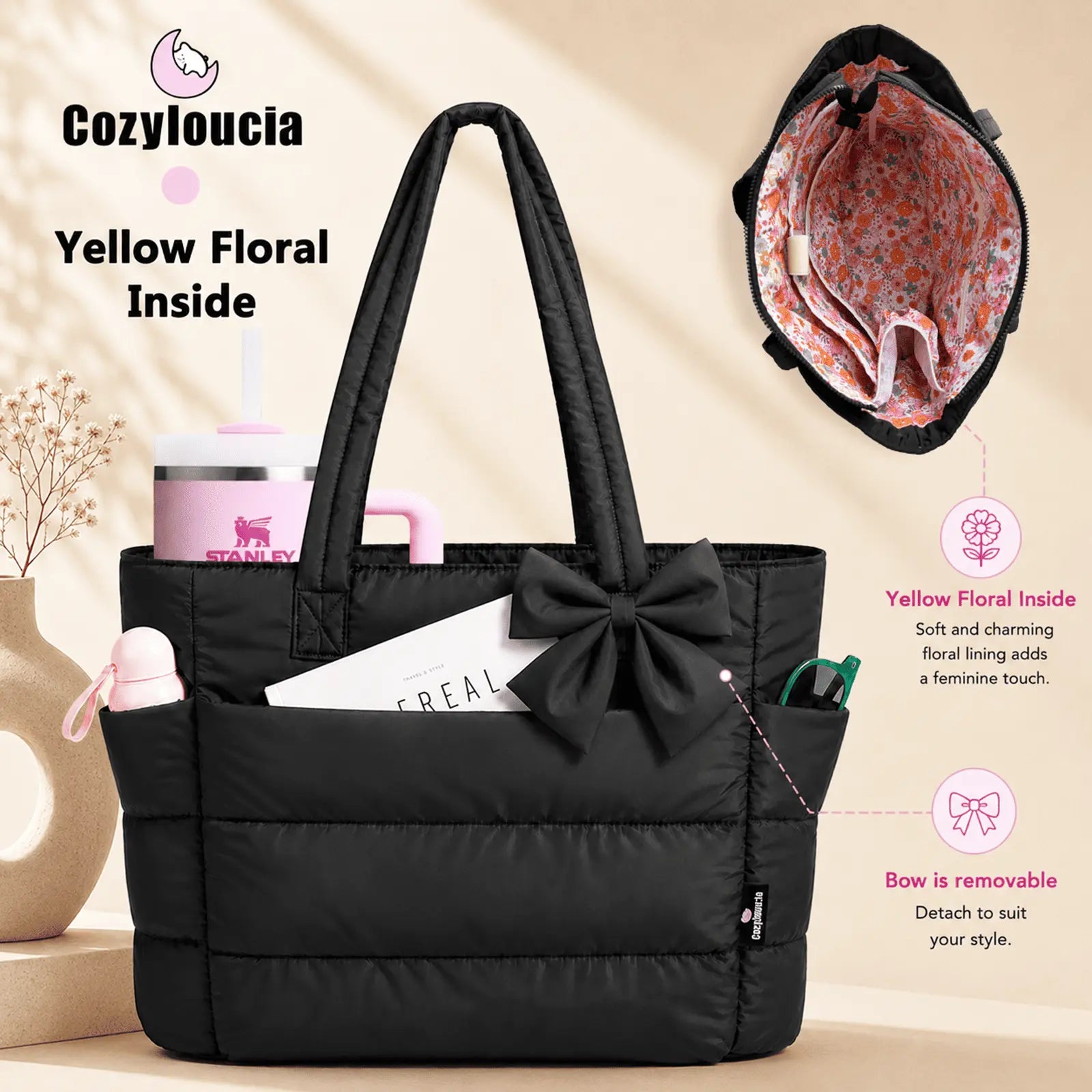 [SummerVibes] CozyLoucia Cute Puffer Tote Bag for Women Pink Flower Print Interior Laptop Shoulder Handbag, Lightweight Best Tote Bag for Work with Multiple Compartments for Travel , Work and School, Quilted Puffer Bag, Gifts For Women summerwins