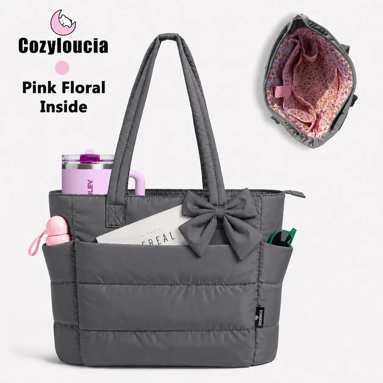 [SummerVibes] CozyLoucia Cute Puffer Tote Bag for Women Pink Flower Print Interior Laptop Shoulder Handbag, Lightweight Best Tote Bag for Work with Multiple Compartments for Travel , Work and School, Quilted Puffer Bag, Gifts For Women summerwins