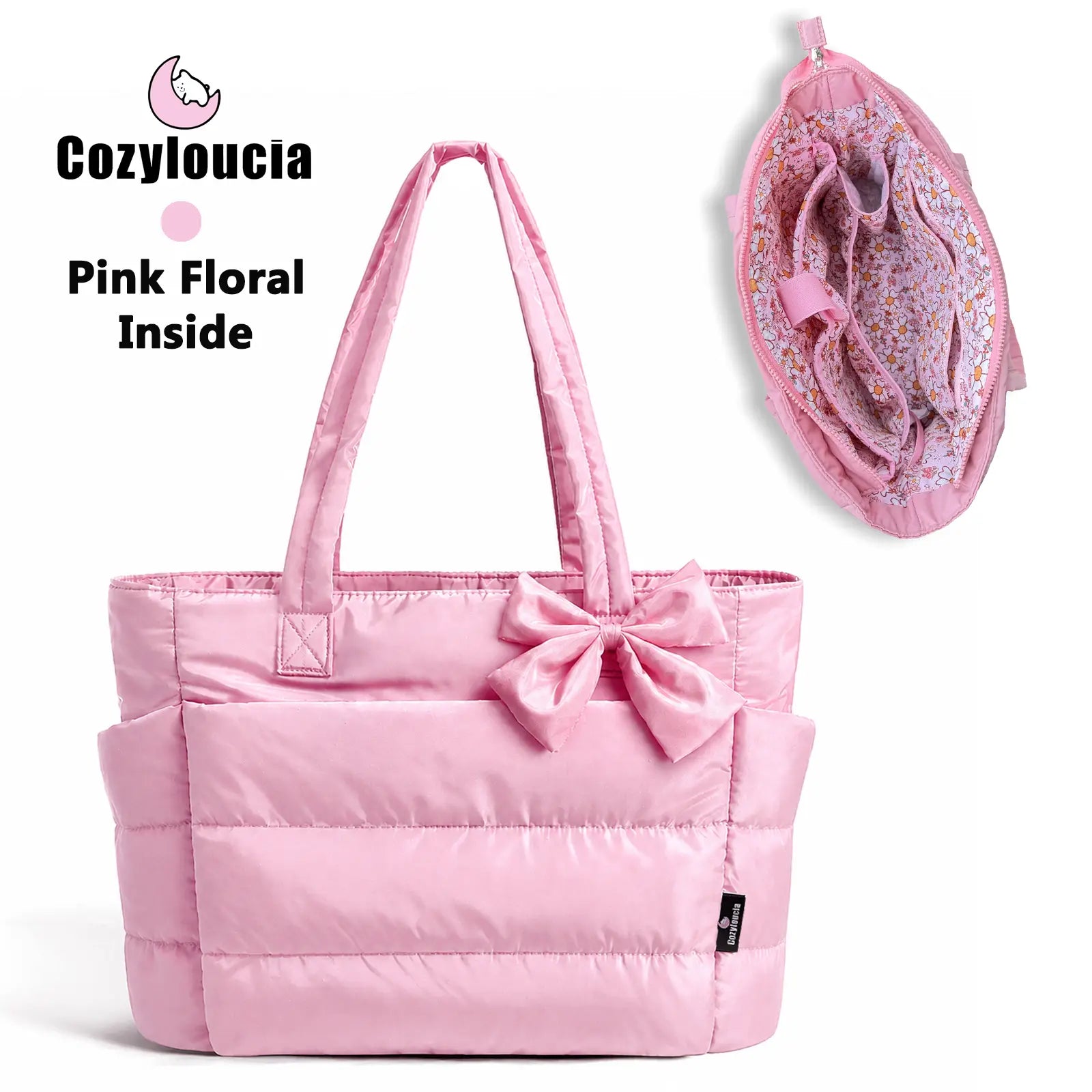 [SummerVibes] CozyLoucia Cute Puffer Tote Bag for Women Pink Flower Print Interior Laptop Shoulder Handbag, Lightweight Best Tote Bag for Work with Multiple Compartments for Travel , Work and School, Quilted Puffer Bag, Gifts For Women summerwins