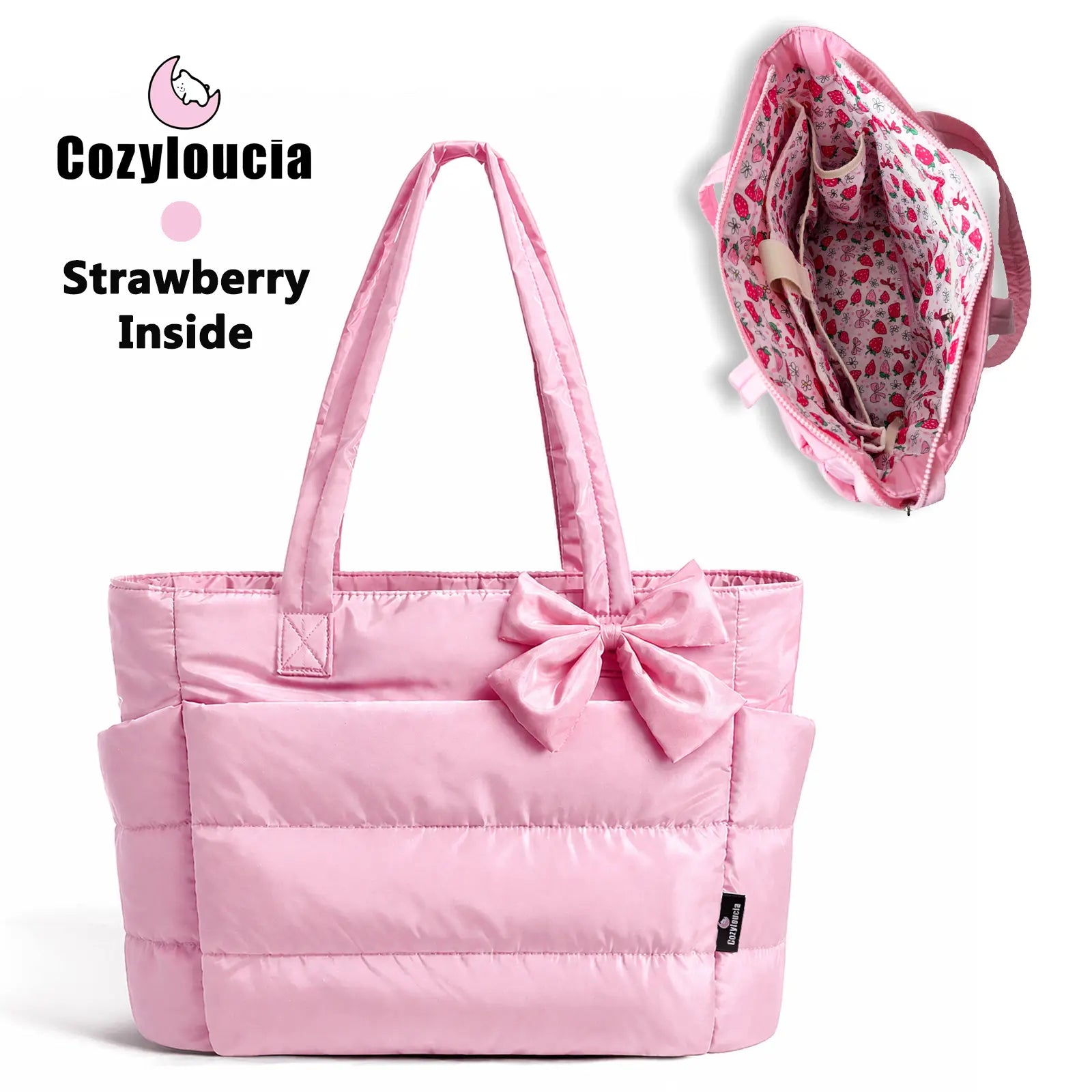 [SummerVibes] CozyLoucia Cute Puffer Tote Bag for Women Pink Flower Print Interior Laptop Shoulder Handbag, Lightweight Best Tote Bag for Work with Multiple Compartments for Travel , Work and School, Quilted Puffer Bag, Gifts For Women summerwins