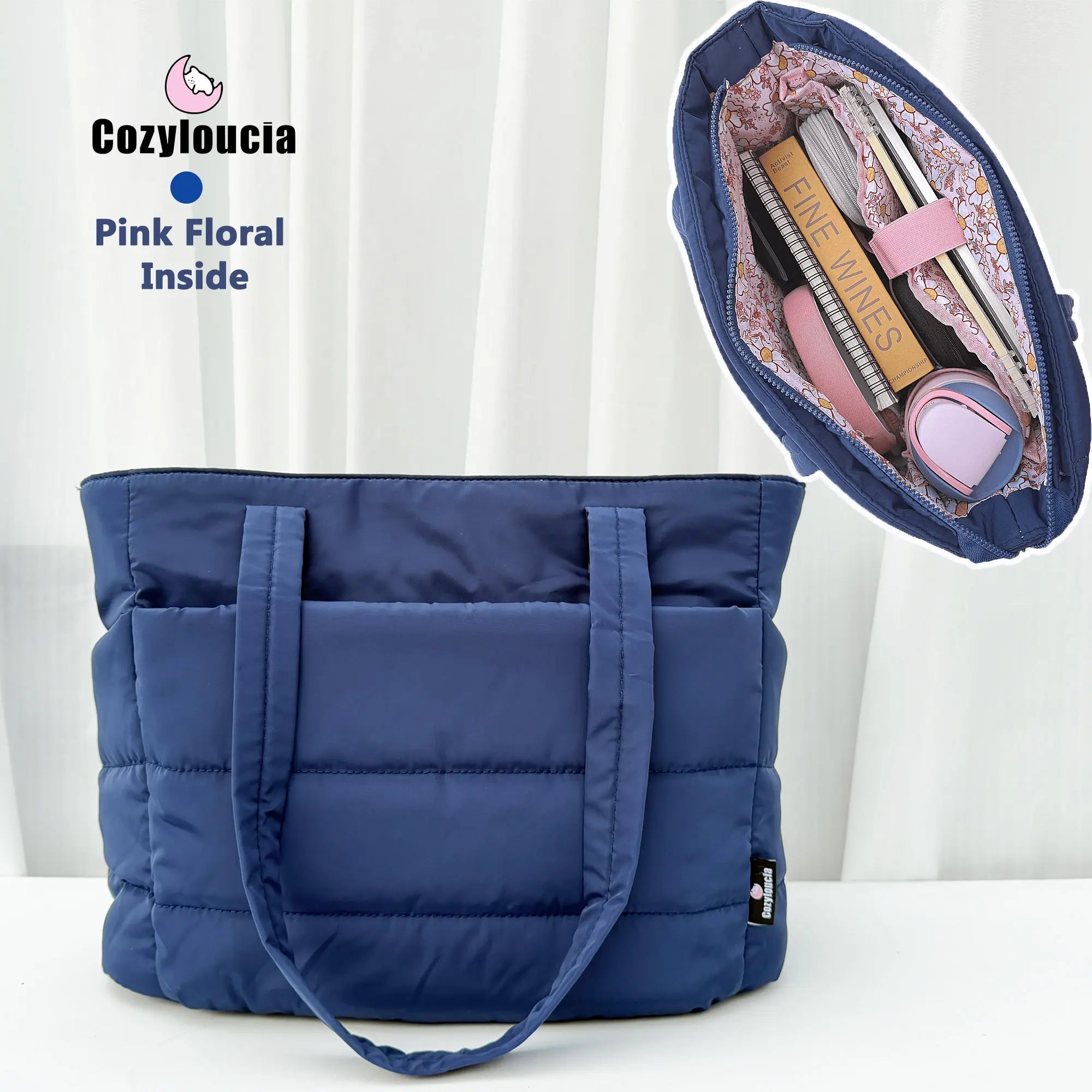 [SummerVibes] CozyLoucia Cute Puffer Tote Bag for Women Pink Flower Print Interior Laptop Shoulder Handbag, Lightweight Best Tote Bag for Work with Multiple Compartments for Travel , Work and School, Quilted Puffer Bag, Gifts For Women summerwins