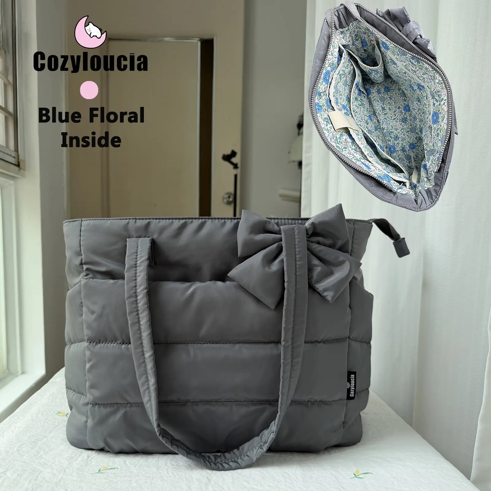 [SummerVibes] CozyLoucia Cute Puffer Tote Bag for Women Pink Flower Print Interior Laptop Shoulder Handbag, Lightweight Best Tote Bag for Work with Multiple Compartments for Travel , Work and School, Quilted Puffer Bag, Gifts For Women summerwins