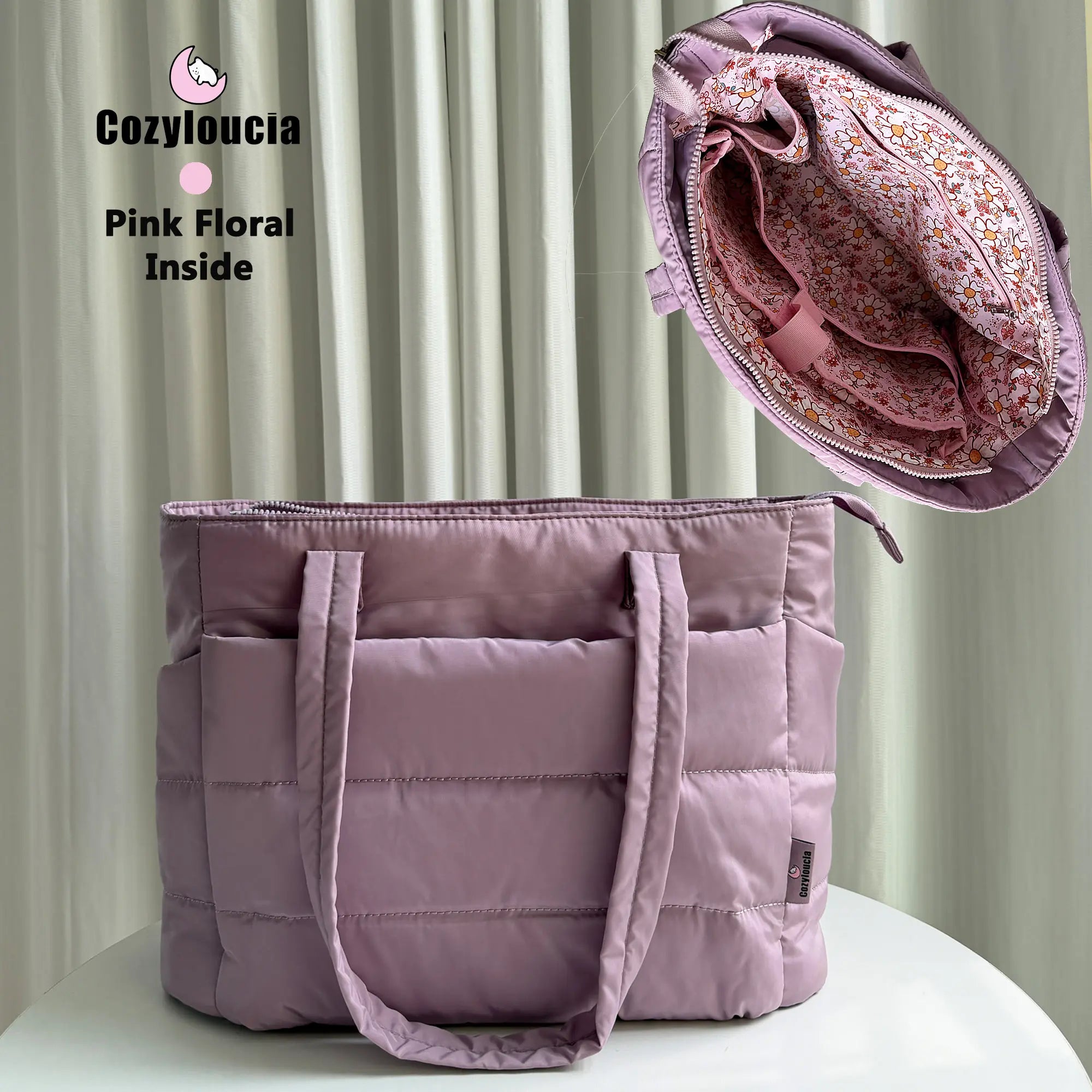 [SummerVibes] CozyLoucia Cute Puffer Tote Bag for Women Pink Flower Print Interior Laptop Shoulder Handbag, Lightweight Best Tote Bag for Work with Multiple Compartments for Travel , Work and School, Quilted Puffer Bag, Gifts For Women summerwins