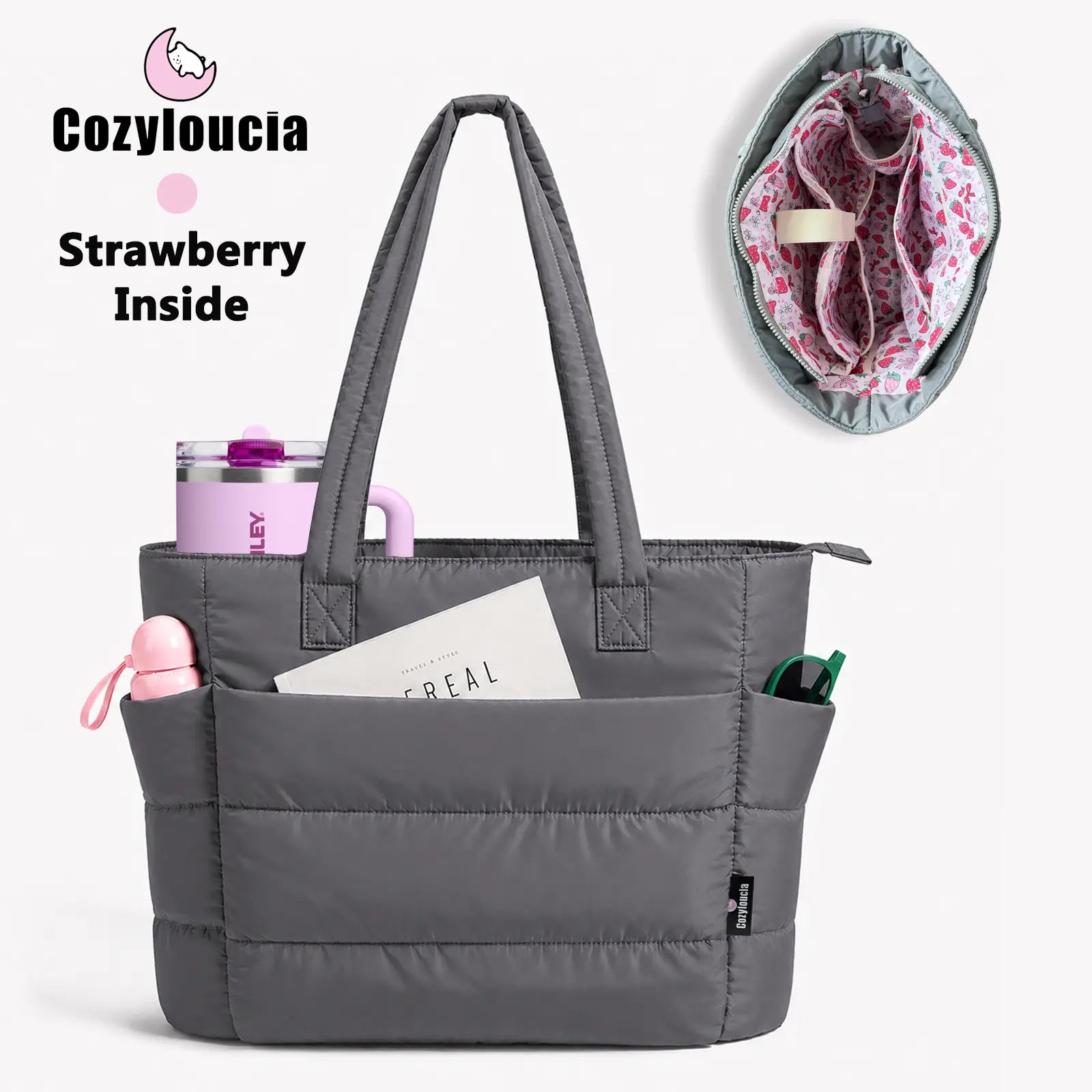[SummerVibes] CozyLoucia Cute Puffer Tote Bag for Women Pink Flower Print Interior Laptop Shoulder Handbag, Lightweight Best Tote Bag for Work with Multiple Compartments for Travel , Work and School, Quilted Puffer Bag, Gifts For Women summerwins