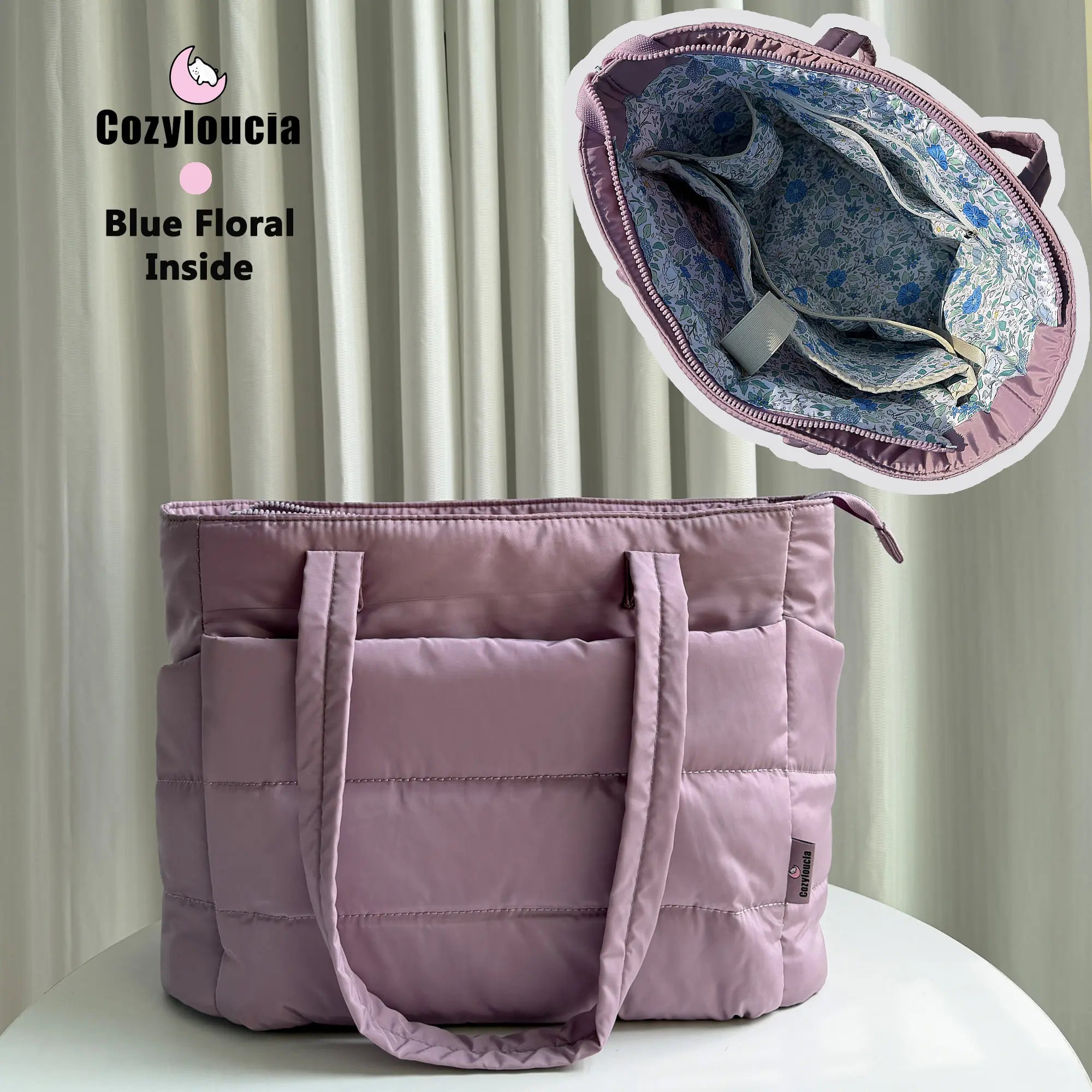 [SummerVibes] CozyLoucia Cute Puffer Tote Bag for Women Pink Flower Print Interior Laptop Shoulder Handbag, Lightweight Best Tote Bag for Work with Multiple Compartments for Travel , Work and School, Quilted Puffer Bag, Gifts For Women summerwins
