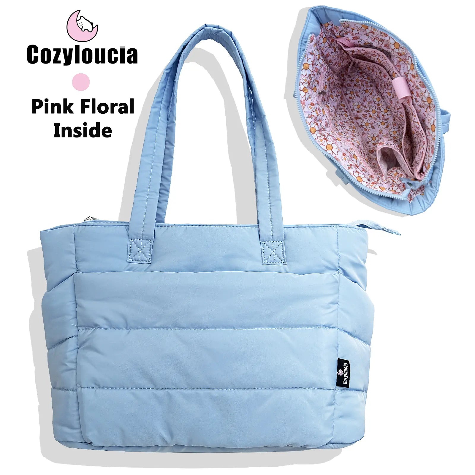 [SummerVibes] CozyLoucia Cute Puffer Tote Bag for Women Pink Flower Print Interior Laptop Shoulder Handbag, Lightweight Best Tote Bag for Work with Multiple Compartments for Travel , Work and School, Quilted Puffer Bag, Gifts For Women summerwins