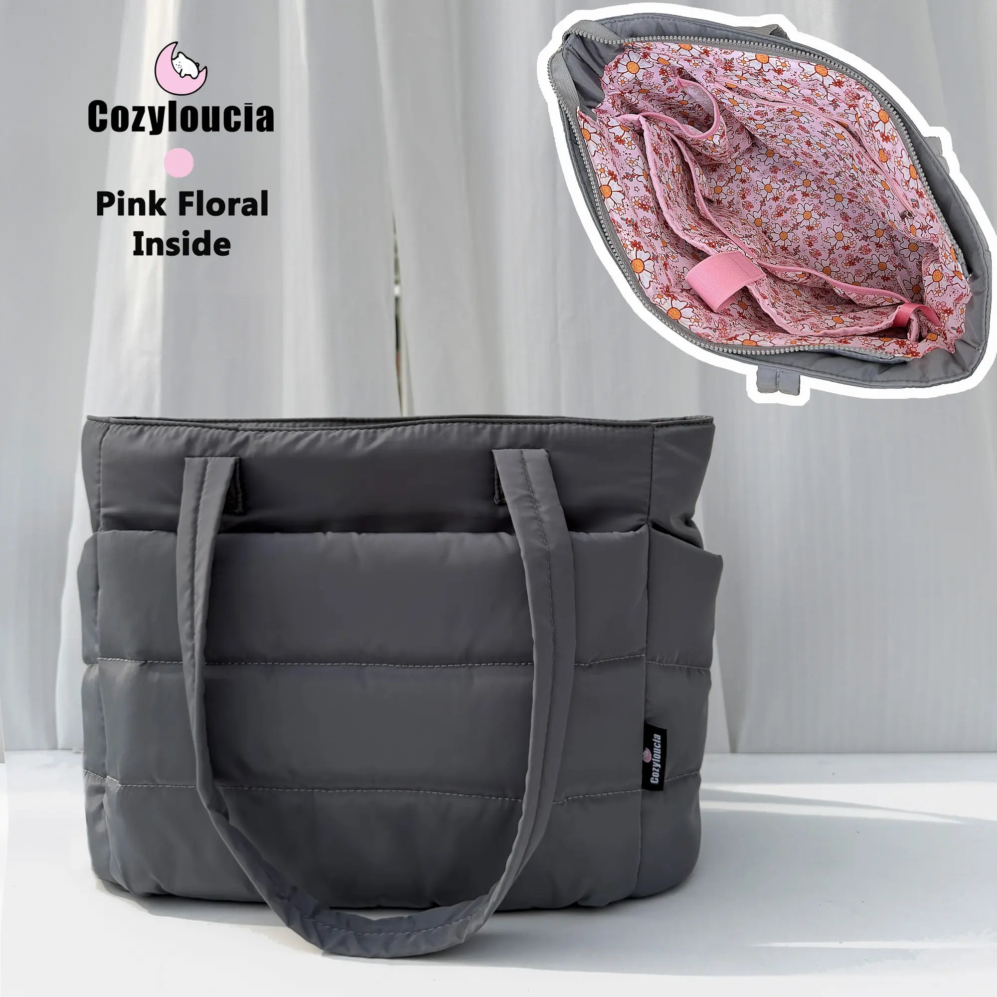 [SummerVibes] CozyLoucia Cute Puffer Tote Bag for Women Pink Flower Print Interior Laptop Shoulder Handbag, Lightweight Best Tote Bag for Work with Multiple Compartments for Travel , Work and School, Quilted Puffer Bag, Gifts For Women summerwins
