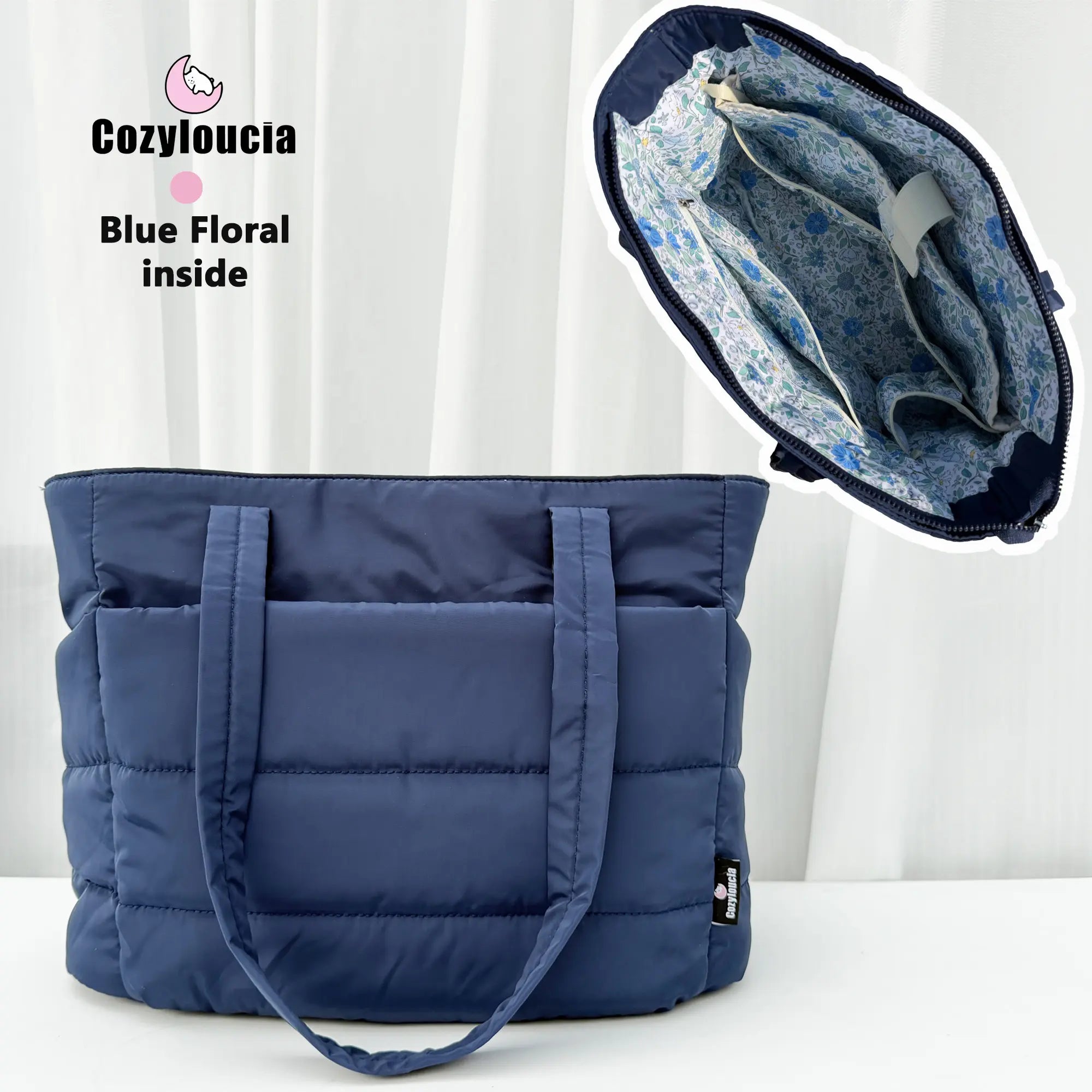 [SummerVibes] CozyLoucia Cute Puffer Tote Bag for Women Pink Flower Print Interior Laptop Shoulder Handbag, Lightweight Best Tote Bag for Work with Multiple Compartments for Travel , Work and School, Quilted Puffer Bag, Gifts For Women summerwins