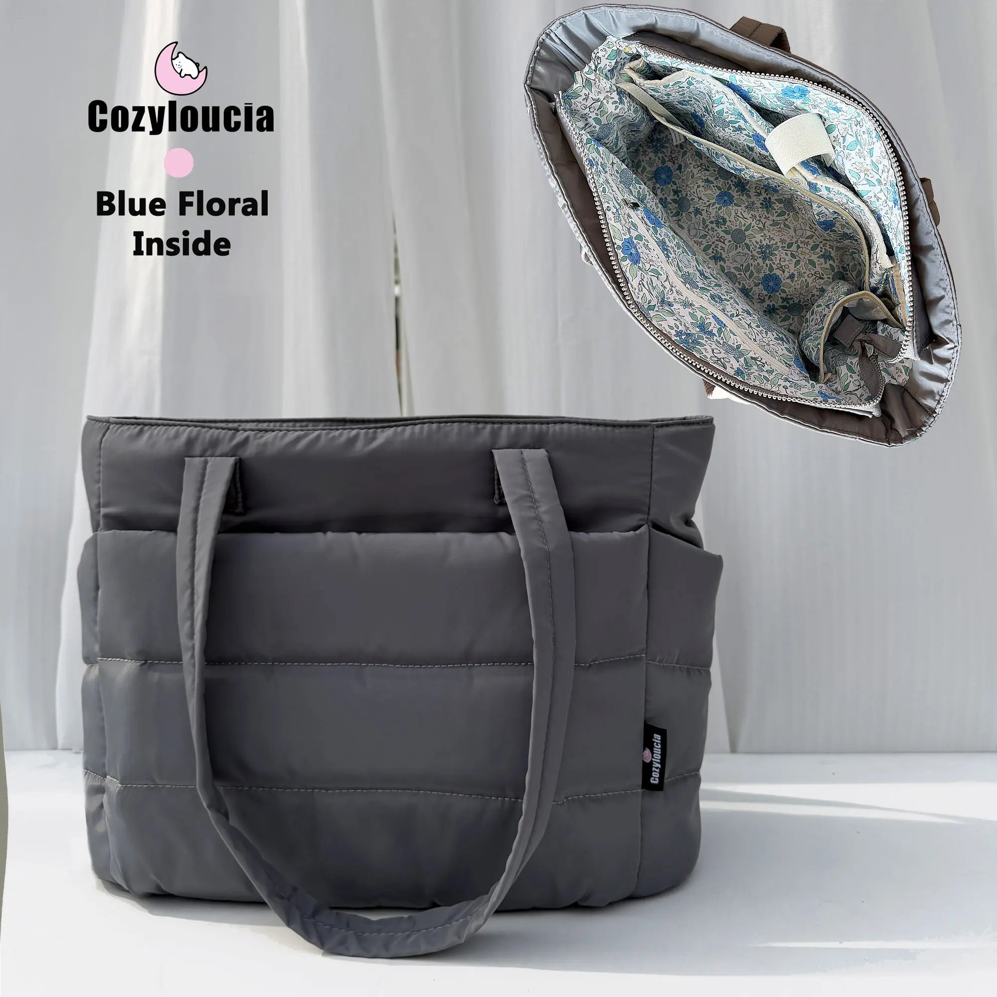 [SummerVibes] CozyLoucia Cute Puffer Tote Bag for Women Pink Flower Print Interior Laptop Shoulder Handbag, Lightweight Best Tote Bag for Work with Multiple Compartments for Travel , Work and School, Quilted Puffer Bag, Gifts For Women summerwins